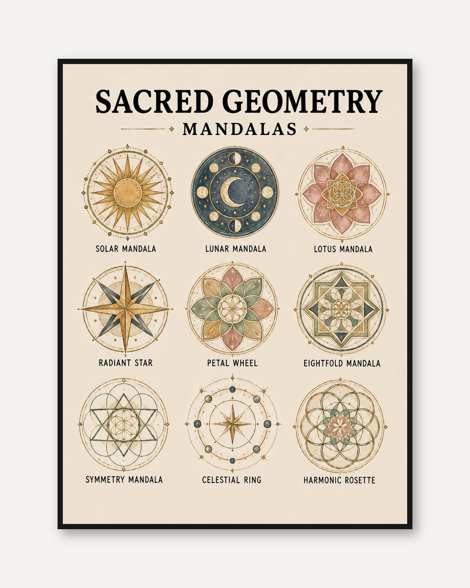 Sacred Geometry Mandala Print — 9 Spiritual Symbols Chart - framed