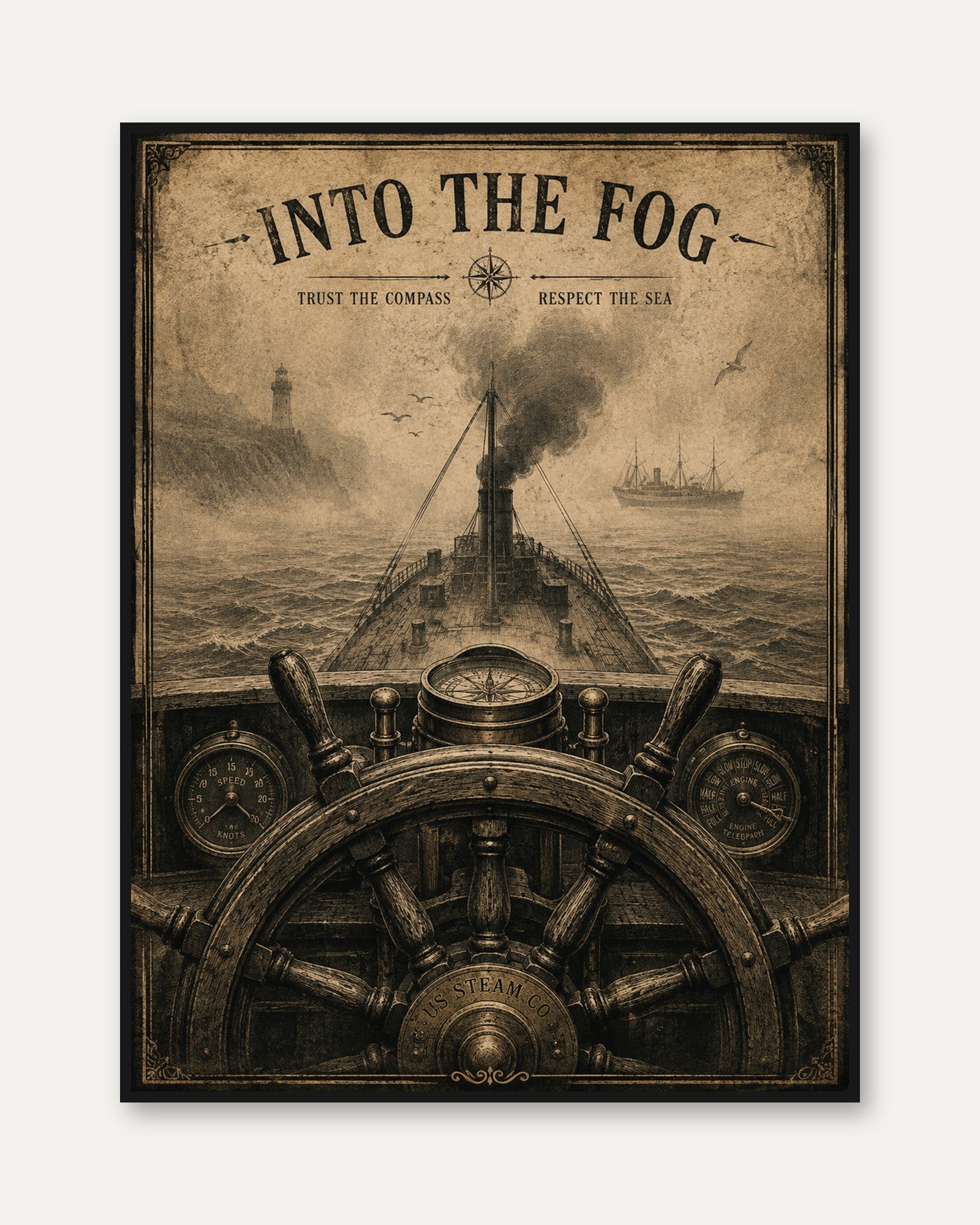 Into The Fog Nautical Print: Vintage Steamship Maritime Wall Art - framed