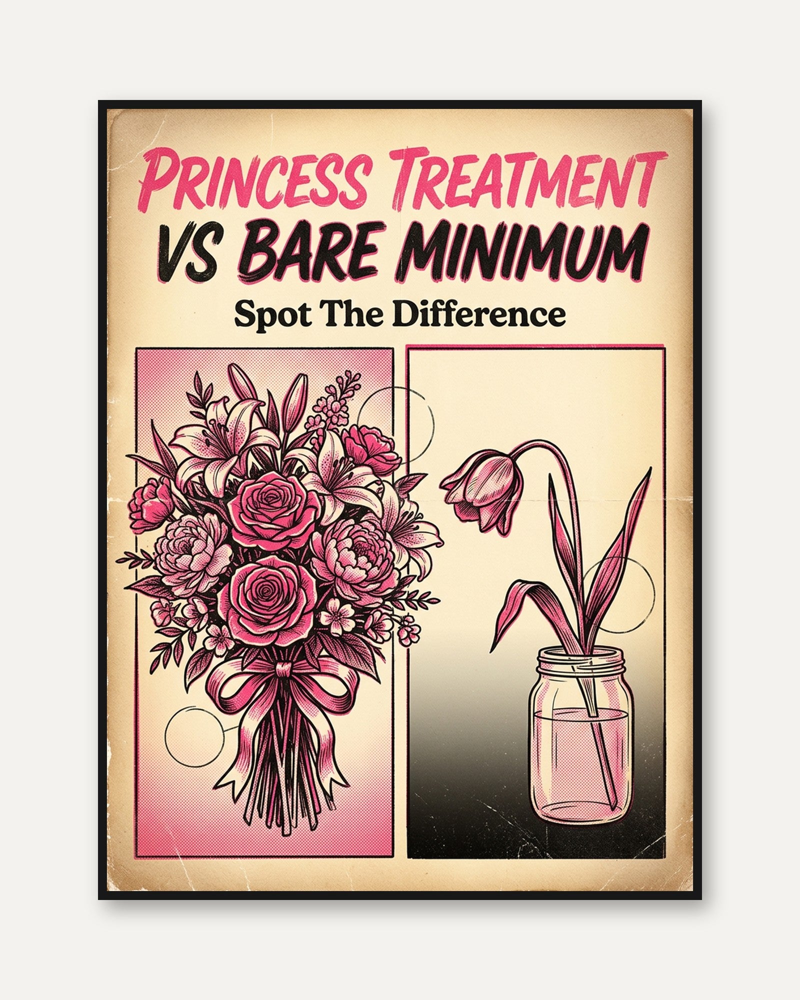 Princess Treatment vs Bare Minimum: Retro Comparison Poster - framed