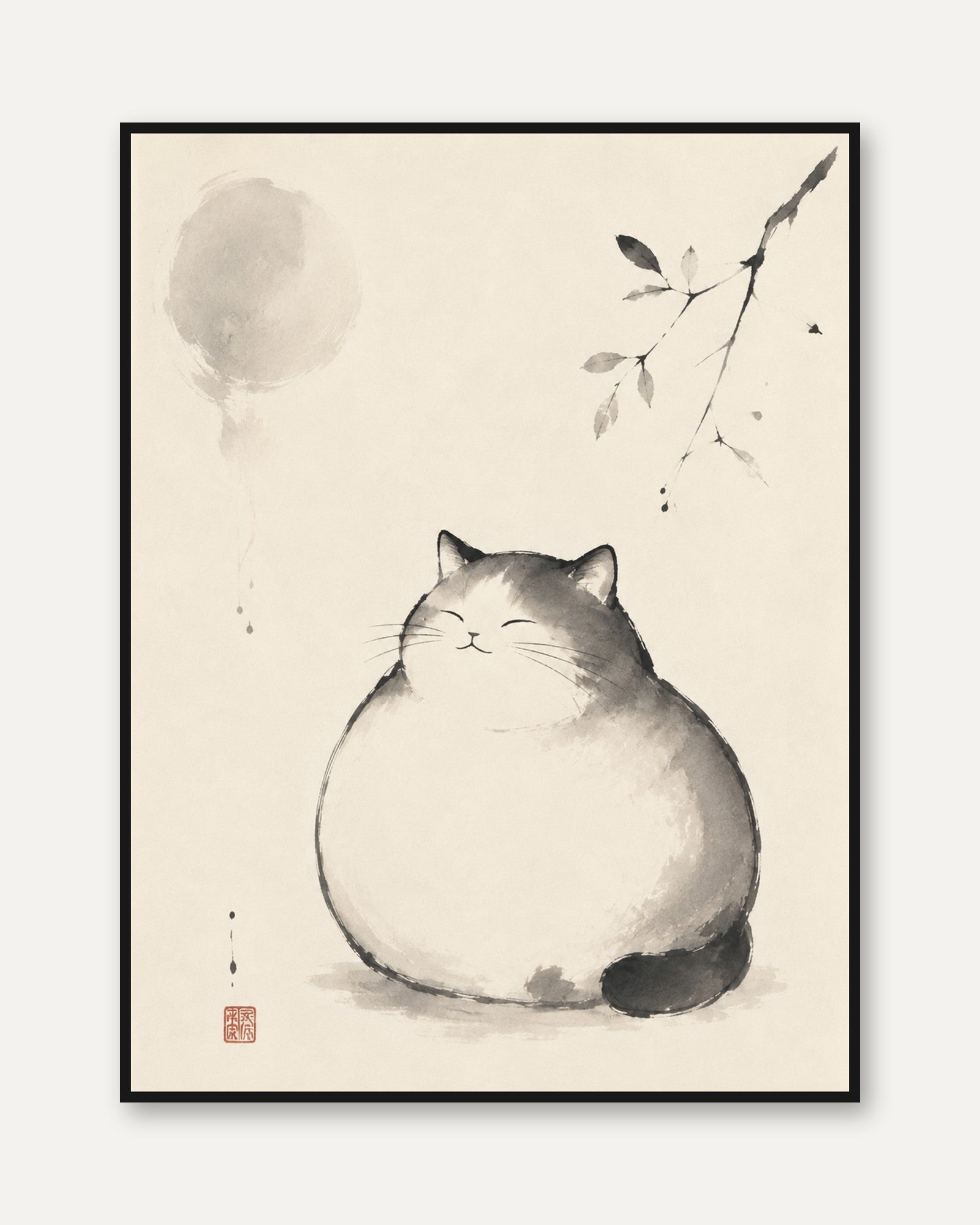 Cat Wall Art – Japanese Ink Painting - framed