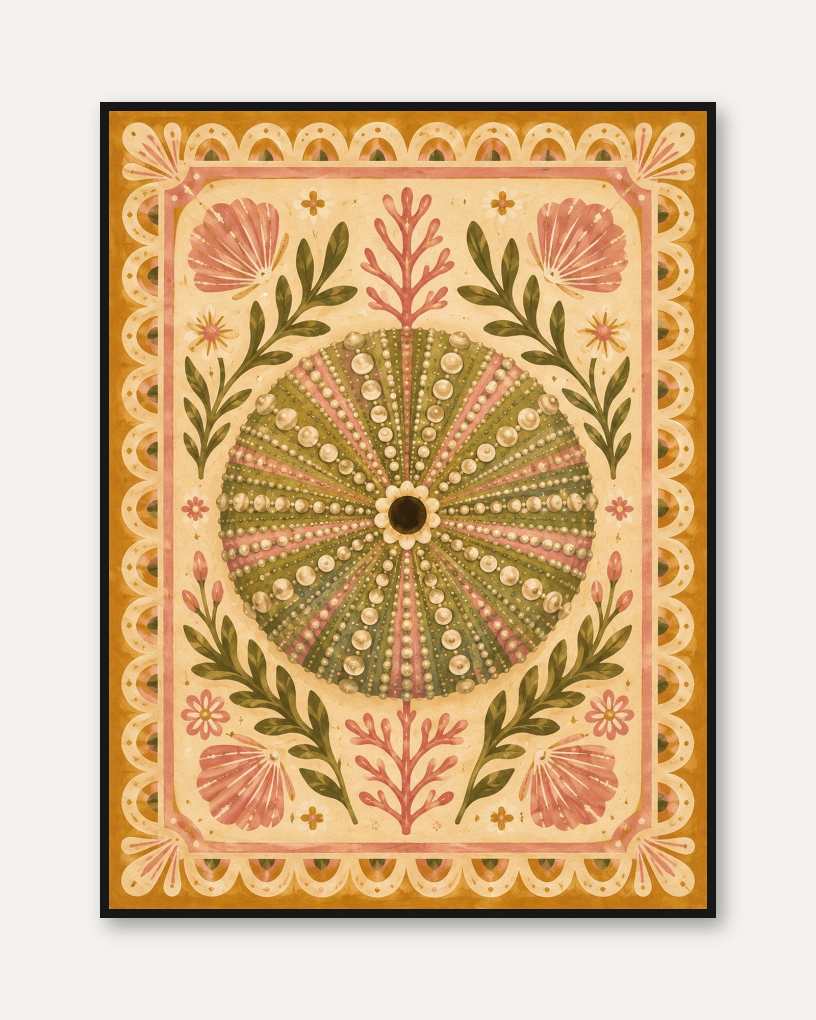 Folk Art Wall Art – Botanical Sea Urchin Print - framed