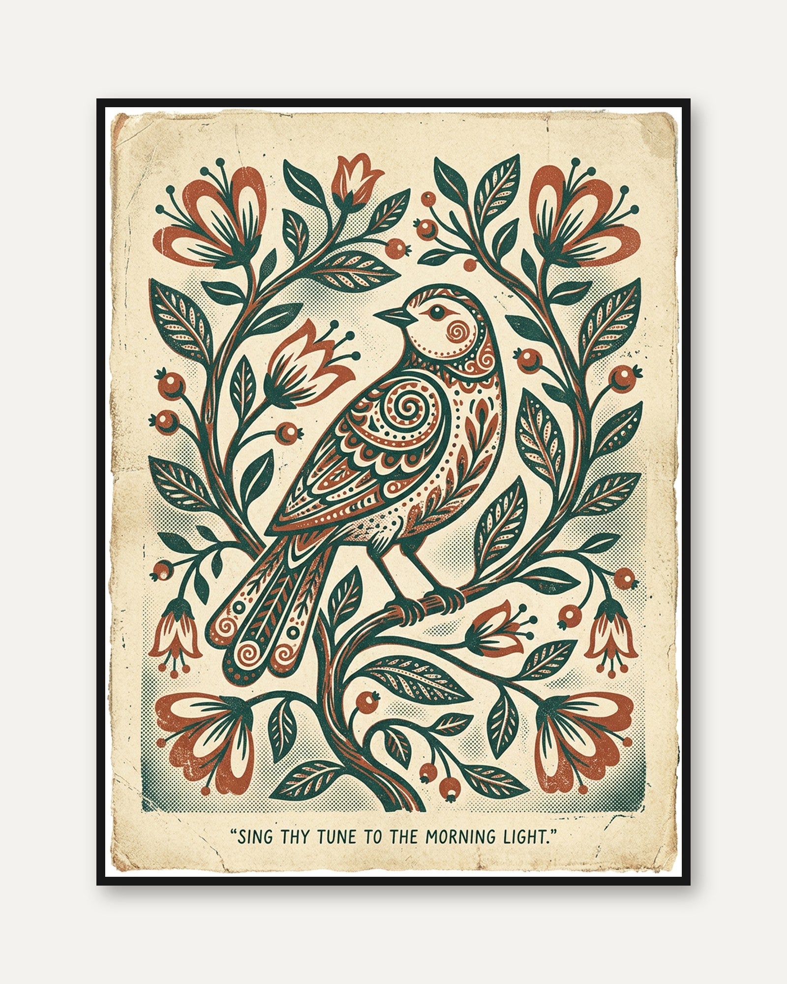 Folk Art Bird Print — Decorative Floral & Botanical - framed