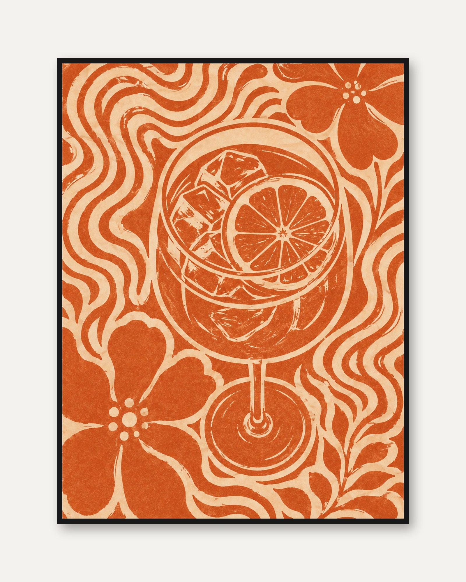 Retro Orange Cocktail Glass Print: Art Nouveau Floral Design - framed