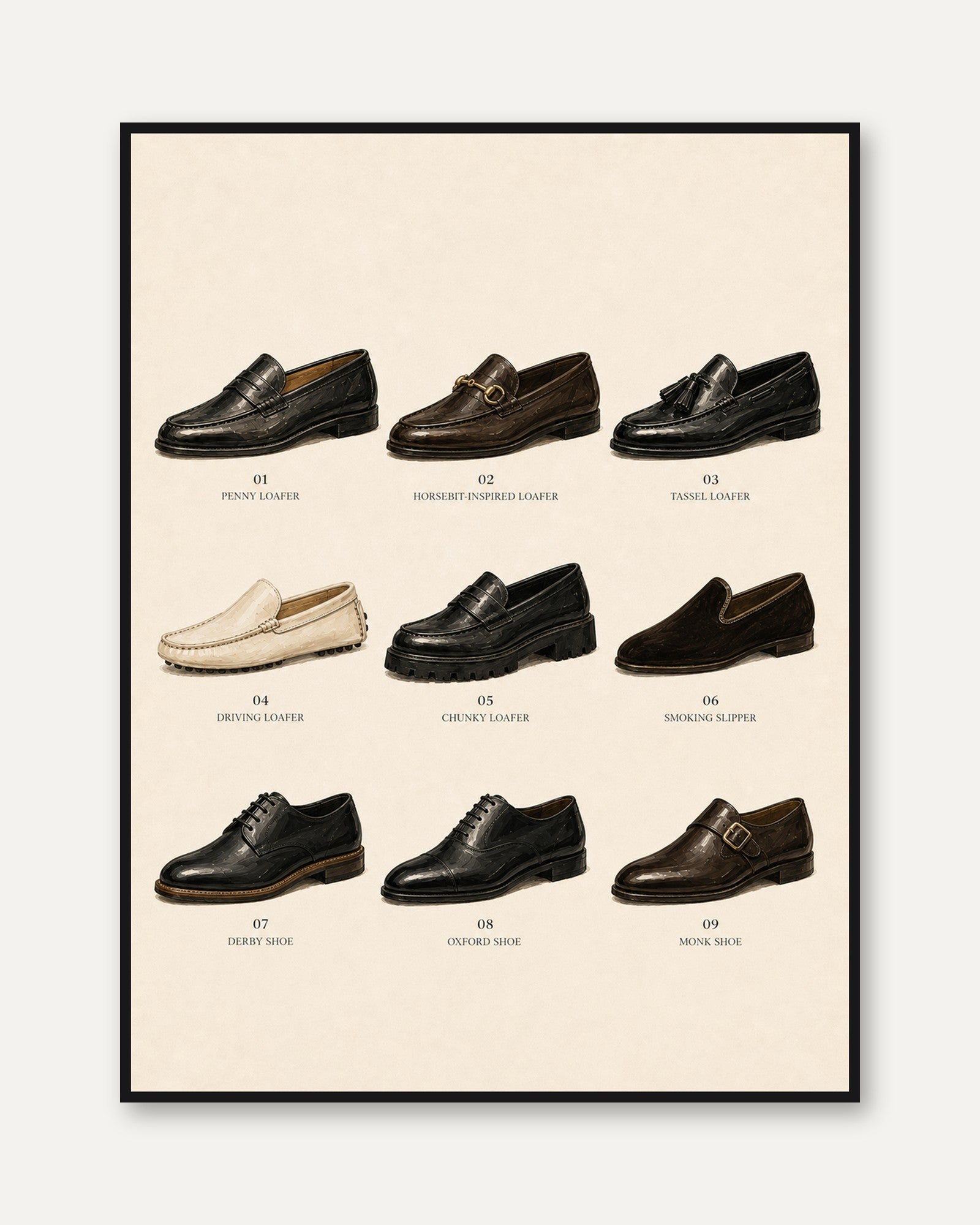 Classic Loafer Collection Art Print: Vintage Shoe Guide - framed