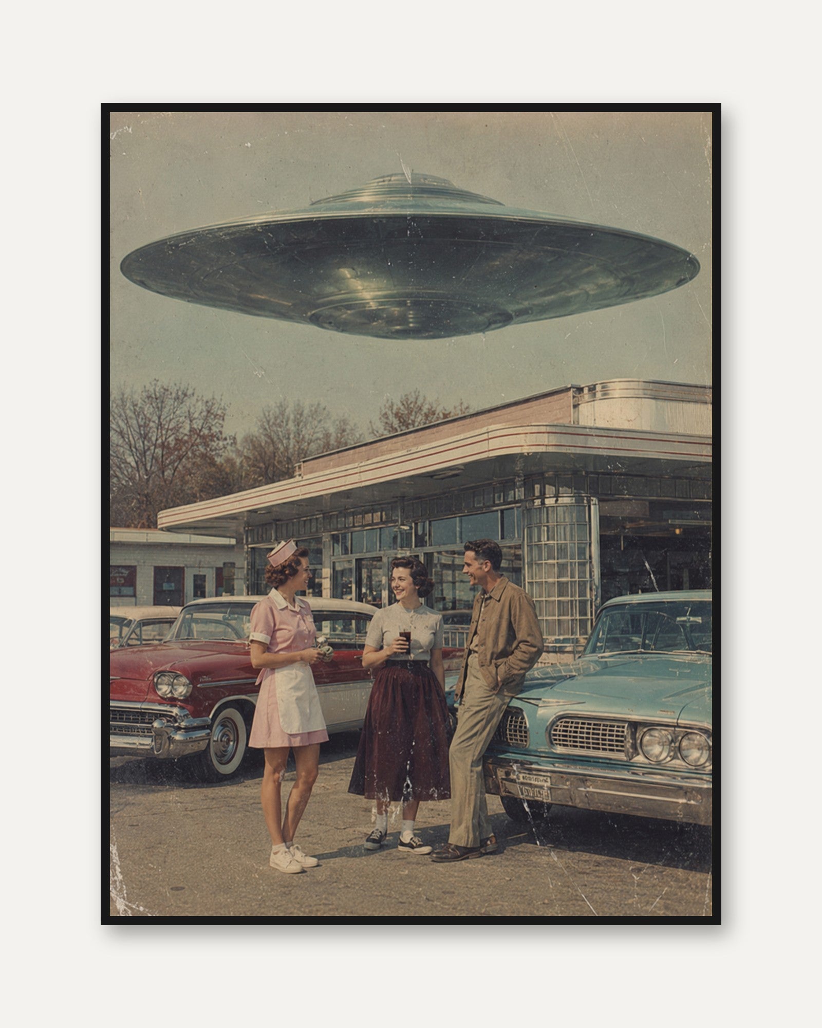 Retro UFO Diner Scene Wall Art: 1950s Sci-Fi Americana Print - framed