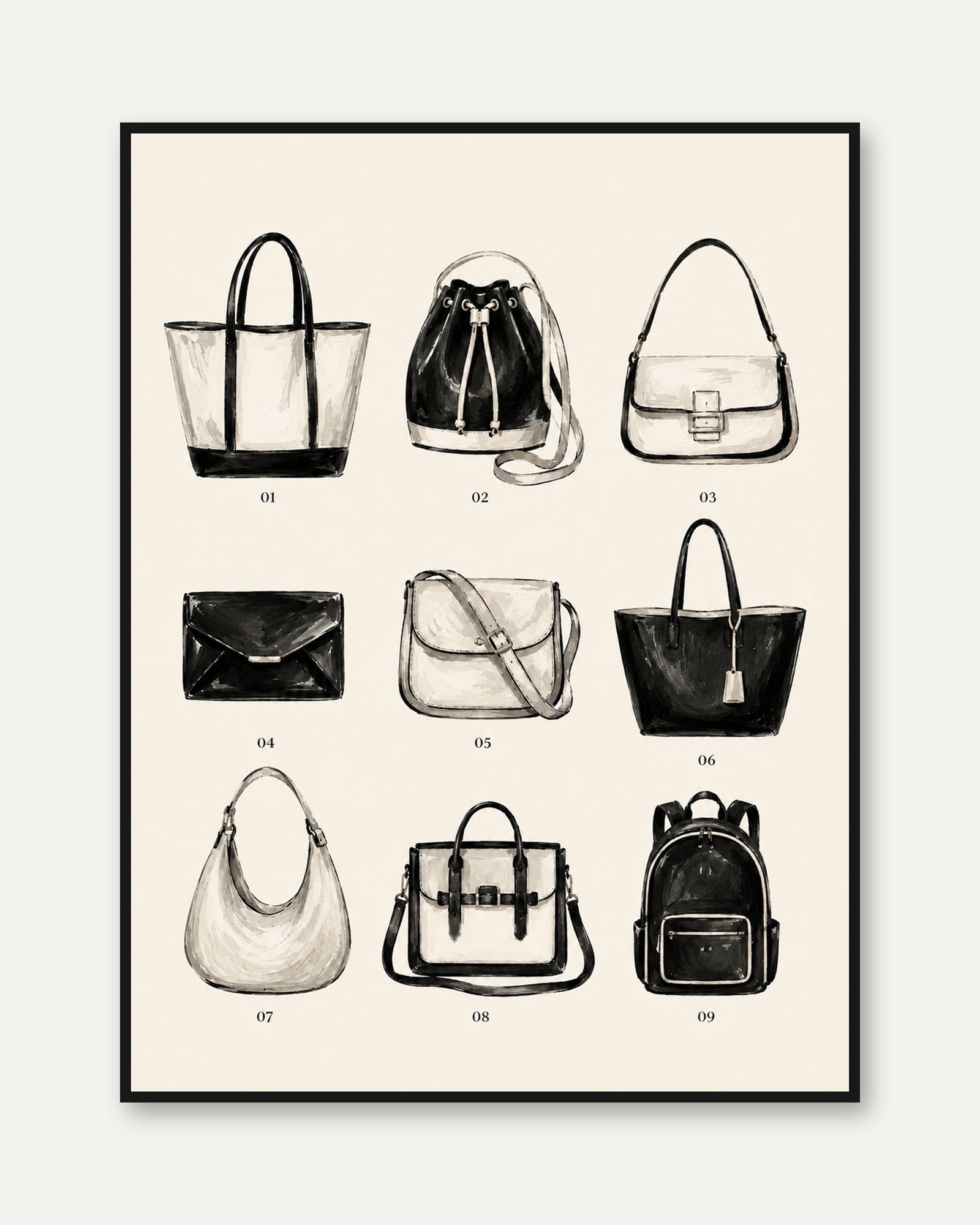 Fashion Handbag Collection Art Print: Black and White Study - framed