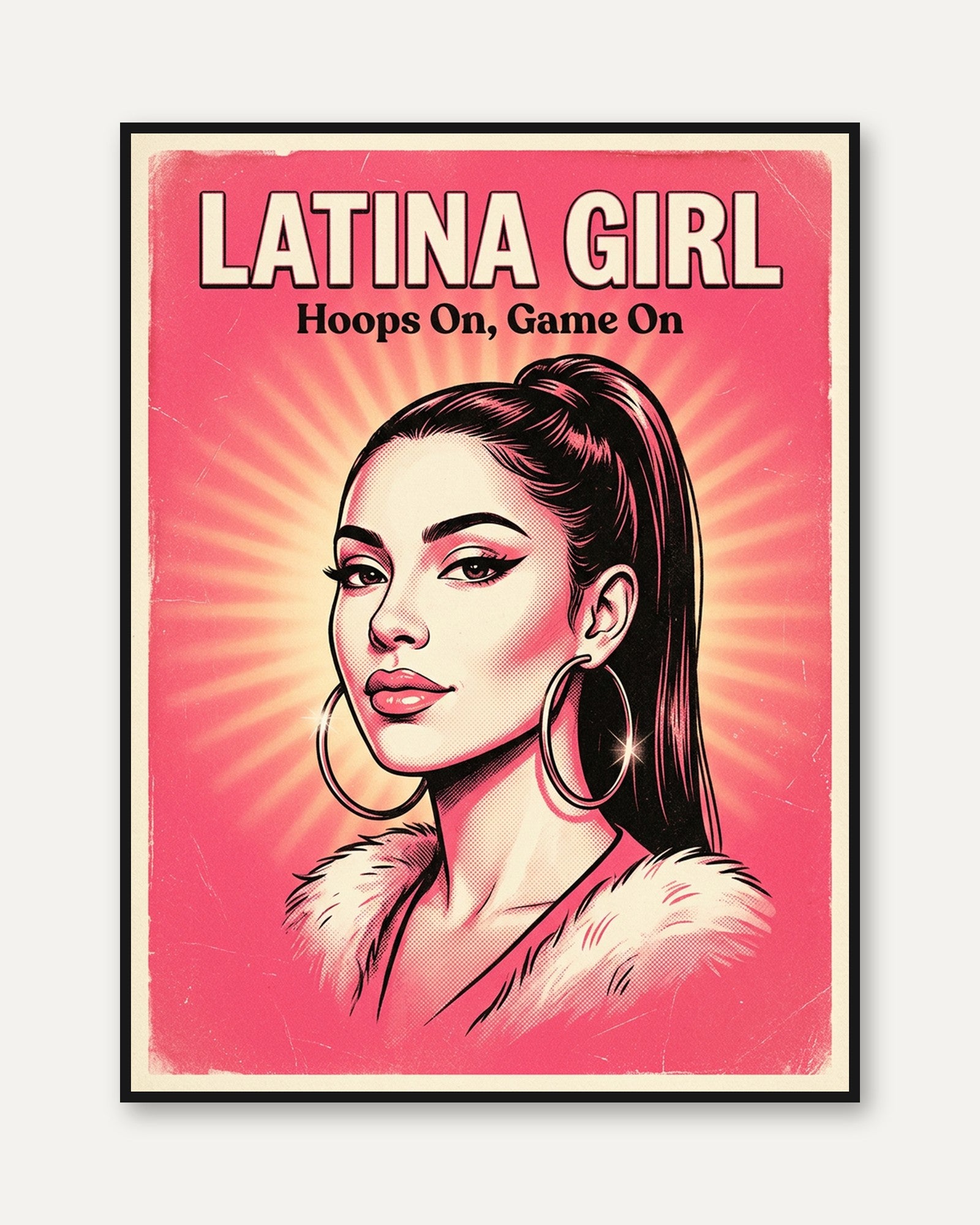 Latina Girl Retro Poster: Vintage Pink Pop Art Basketball Print - framed