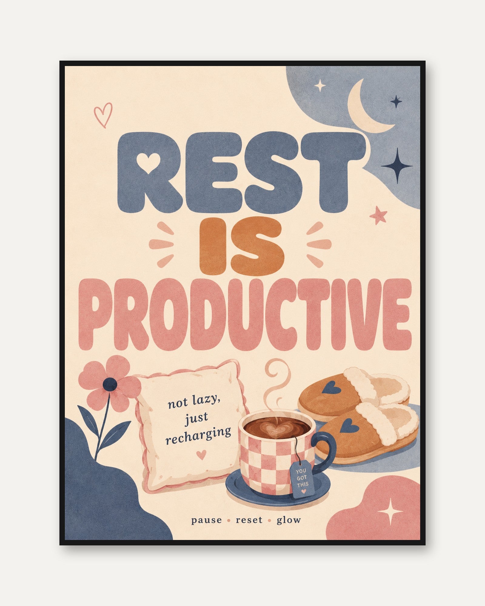 Rest is Productive Print: Cozy Self-Care Wall Art for Bedroom - framed