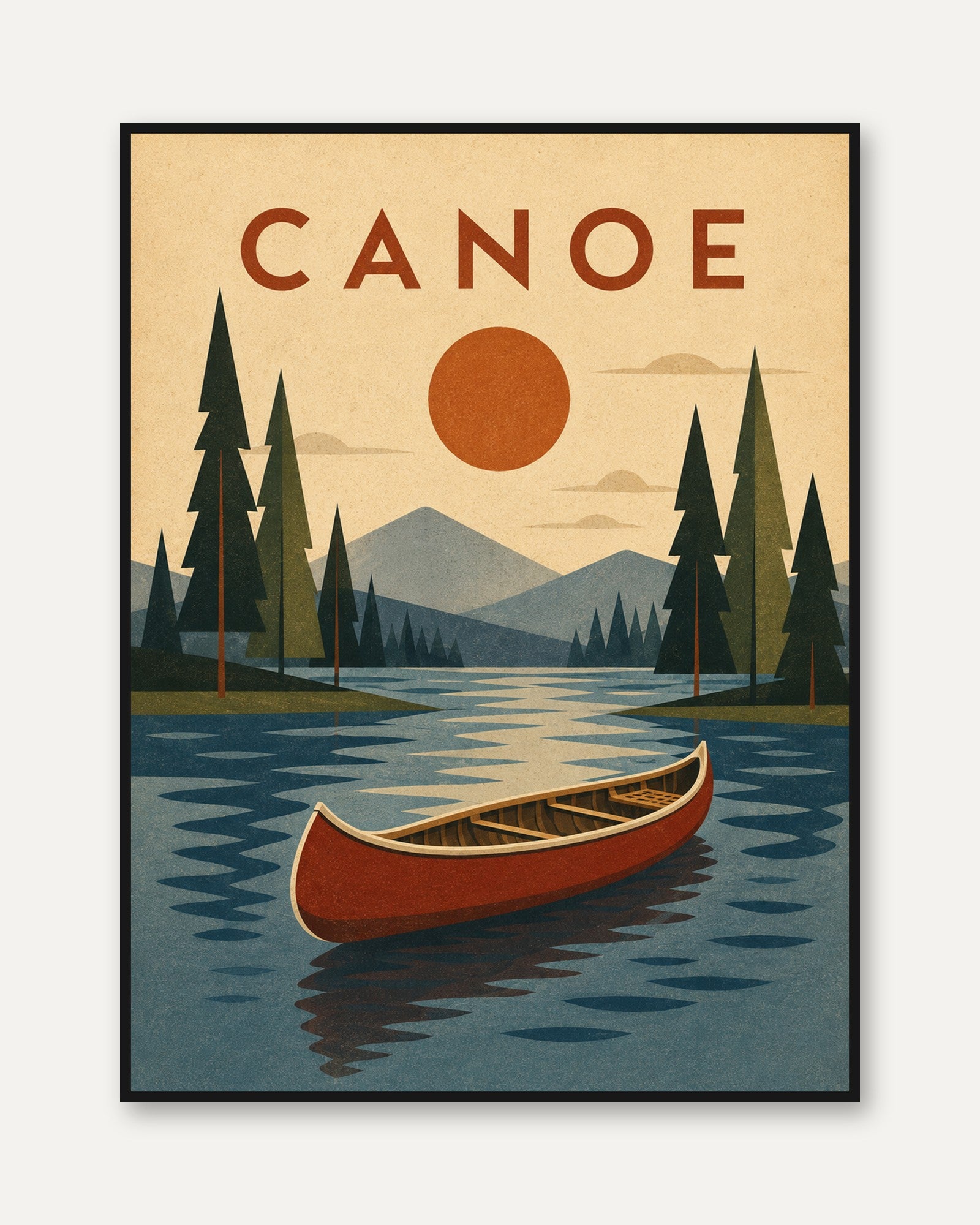 Canoe Vintage Travel Poster: Retro Lake Wilderness Art Print - framed