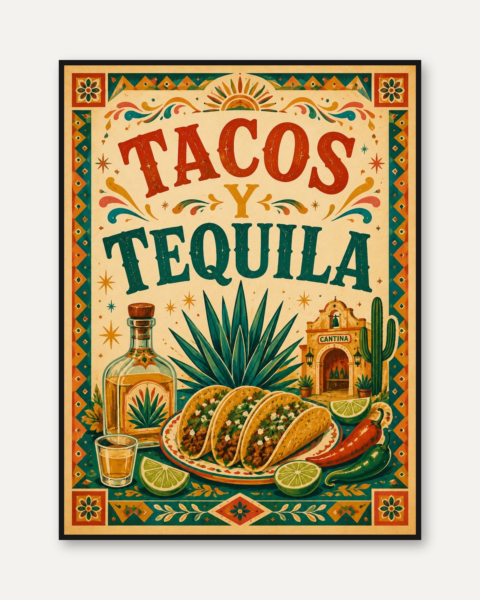 Tacos and Tequila Print: Colorful Mexican Cantina Wall Art - framed