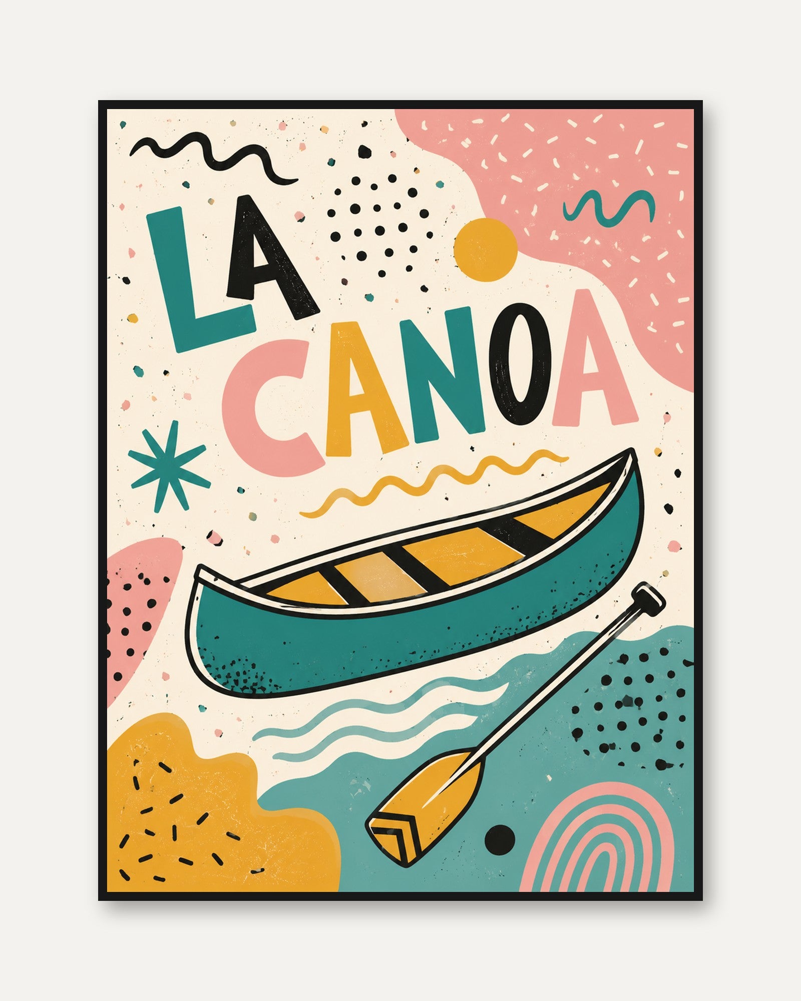 La Canoa Art Print: Mid-Century Modern Teal and Coral Design - framed