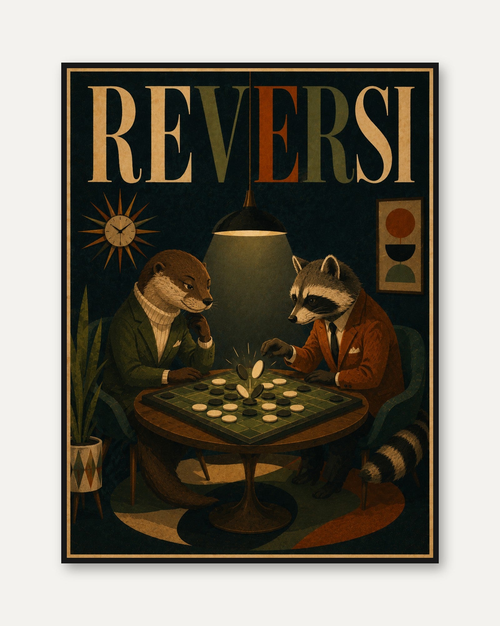 Board Game Art Print: Vintage Animals Playing Reversi - framed