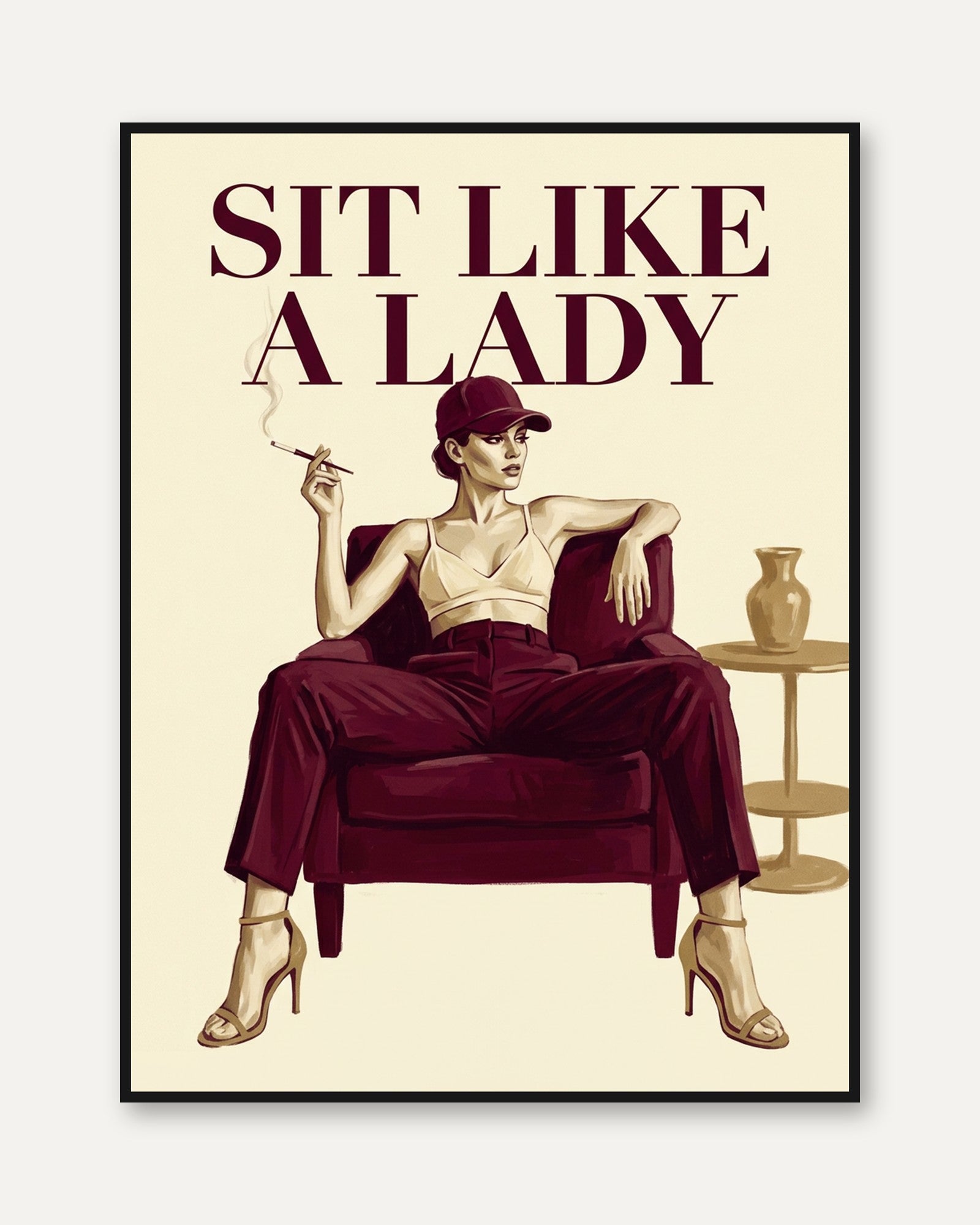 Sit Like a Lady Art Print: Vintage Fashion Poster in Burgundy - framed