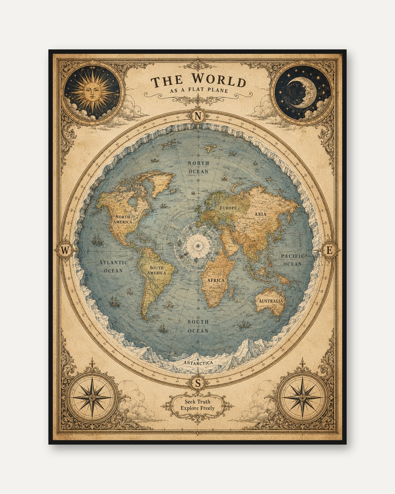 Flat Earth Map Poster – Vintage World Map Print - framed