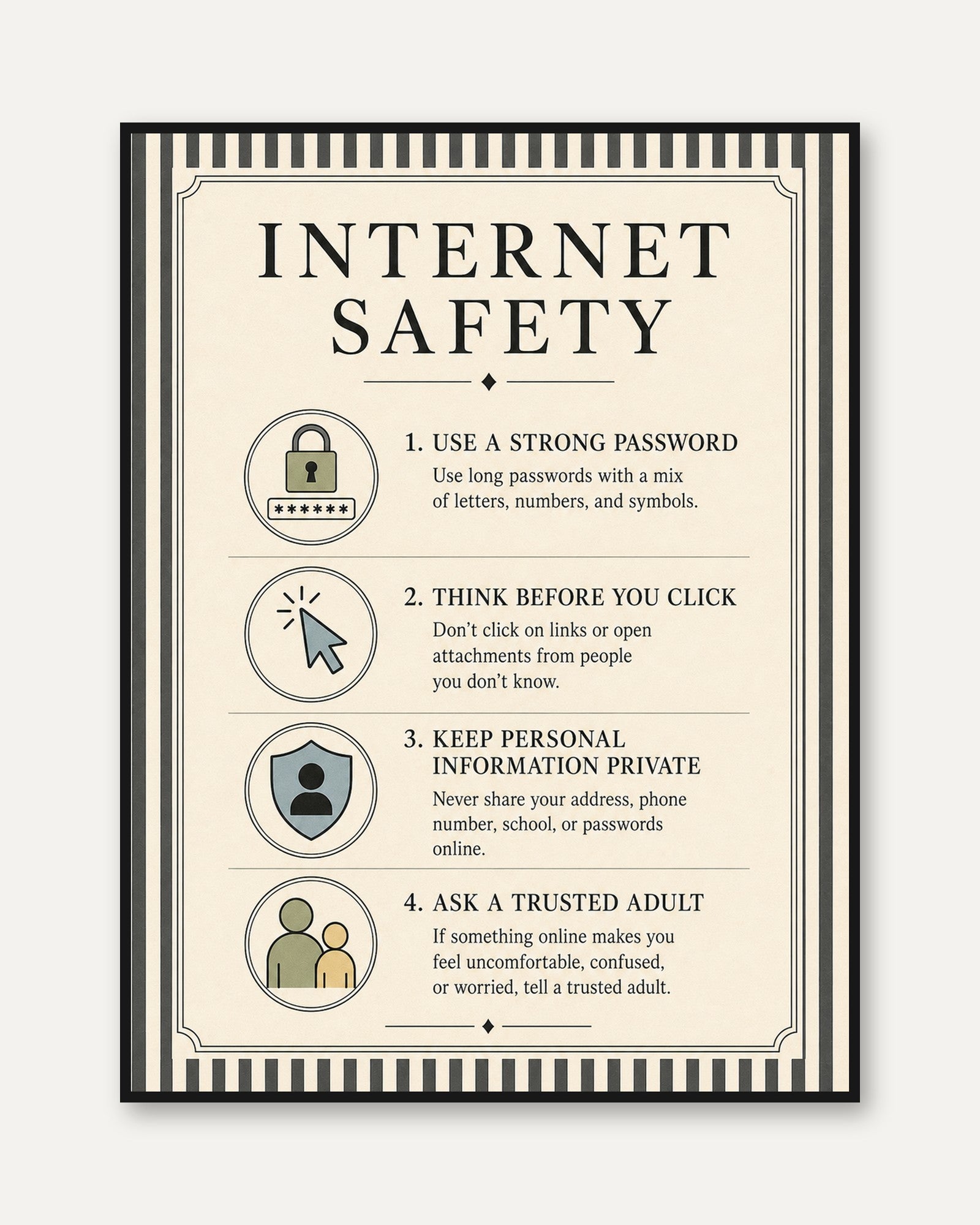 Internet Safety Infographic Poster: Vintage Educational Wall Art - framed