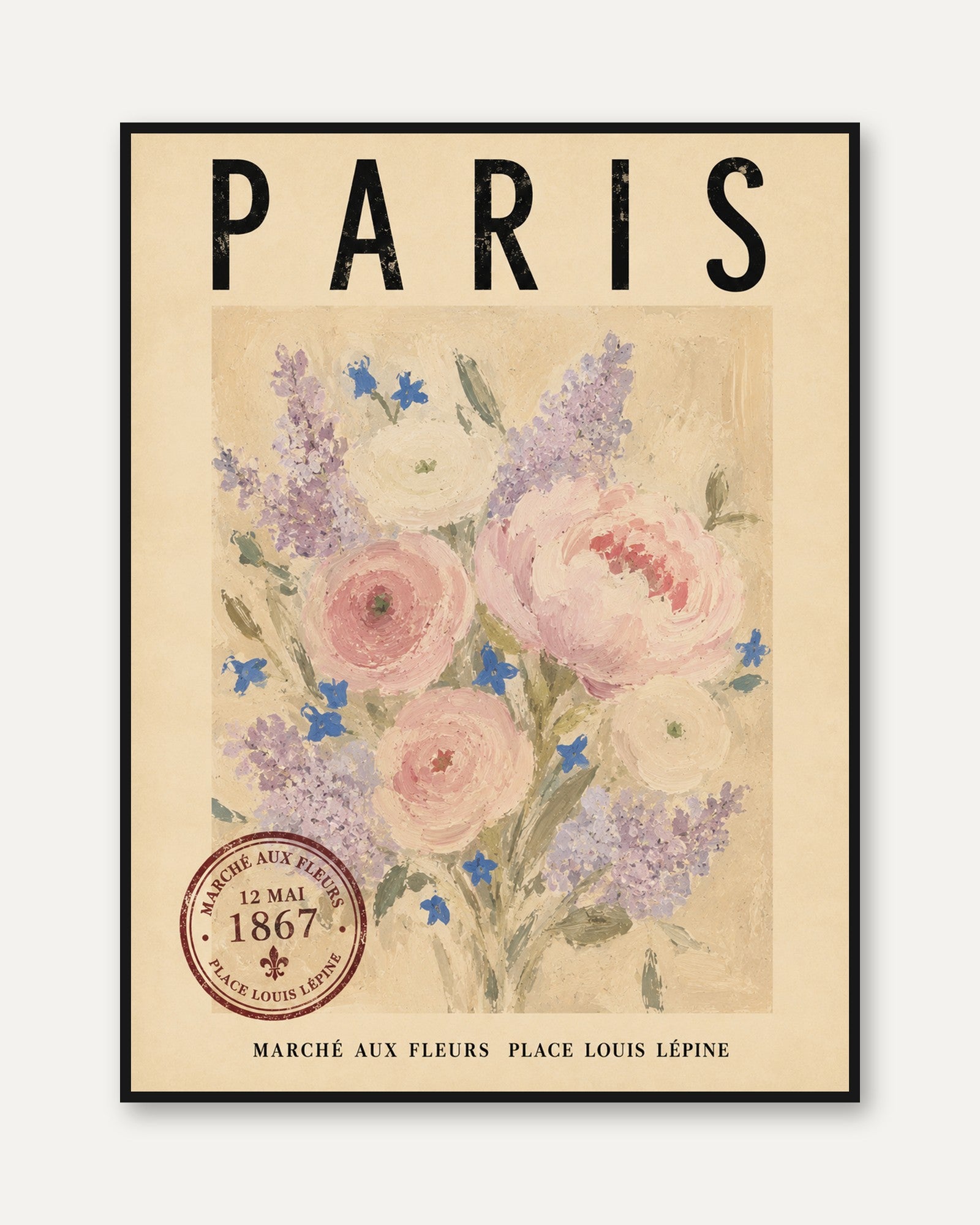 Paris Travel Poster – Vintage Floral Market Print - framed