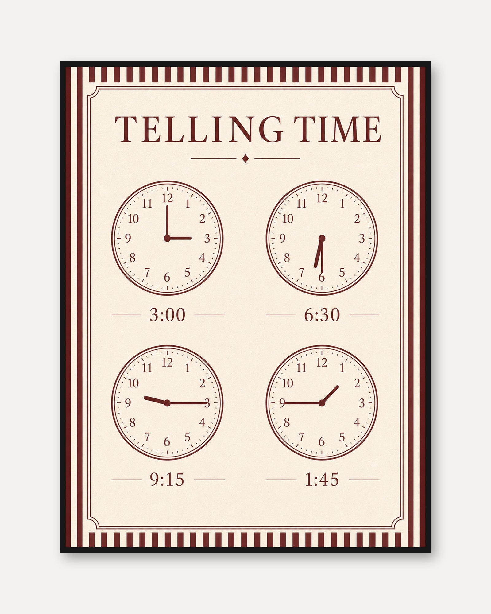 Telling Time Poster – Educational Clock Print - framed
