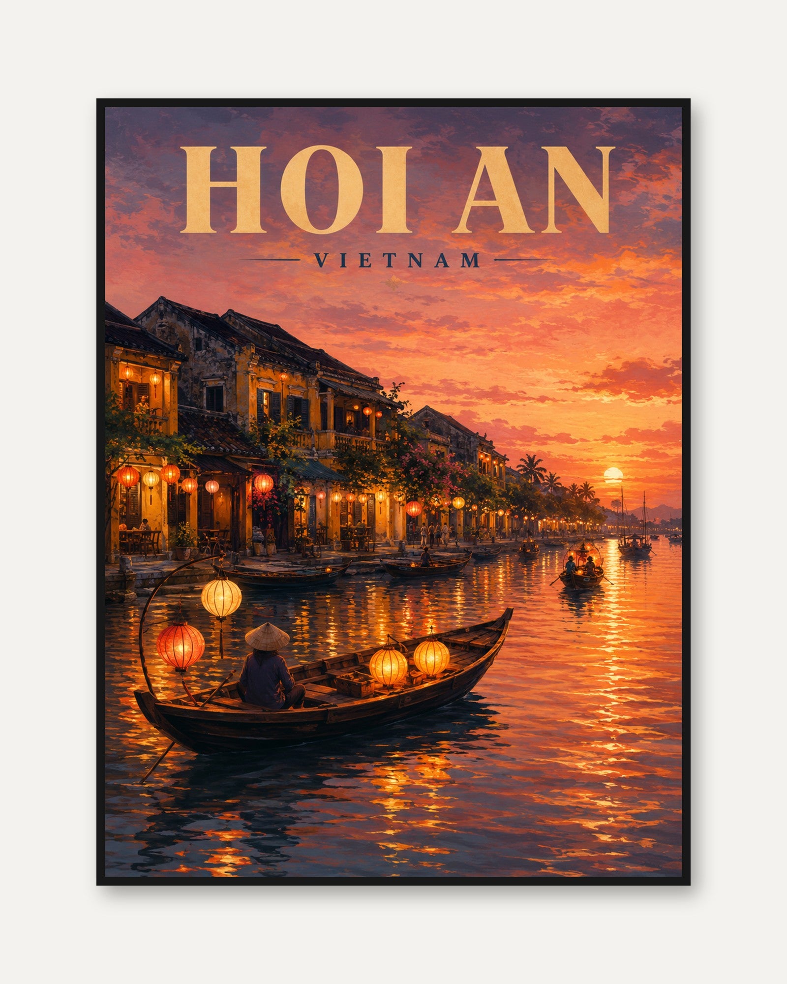 Hoi An Sunset Lanterns Print: Vietnamese River Town Wall Art - framed