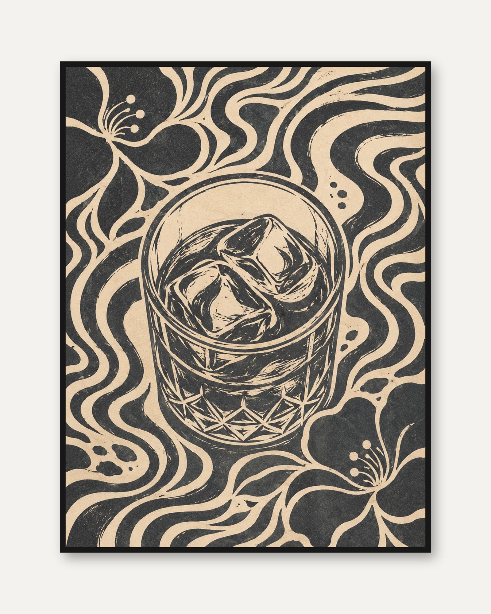 Whiskey Glass Art Print: Art Nouveau Black and Cream Design - framed