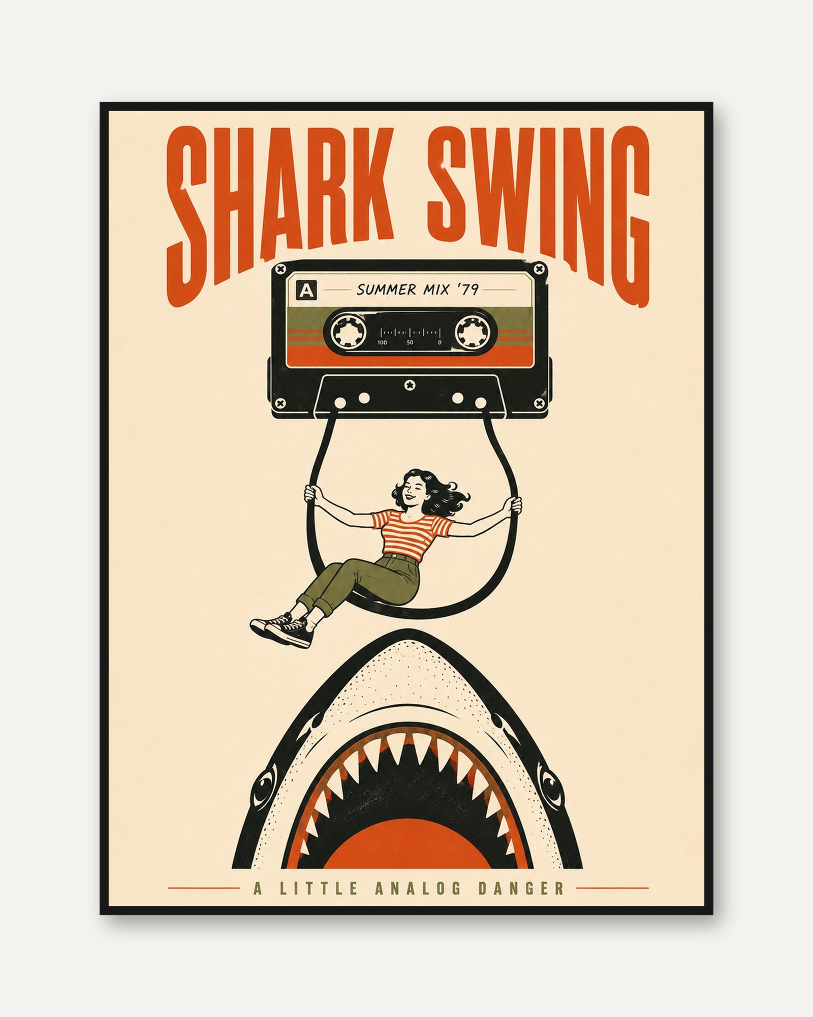 Shark Swing Retro Poster: Vintage Summer Mix Cassette Art Print - framed