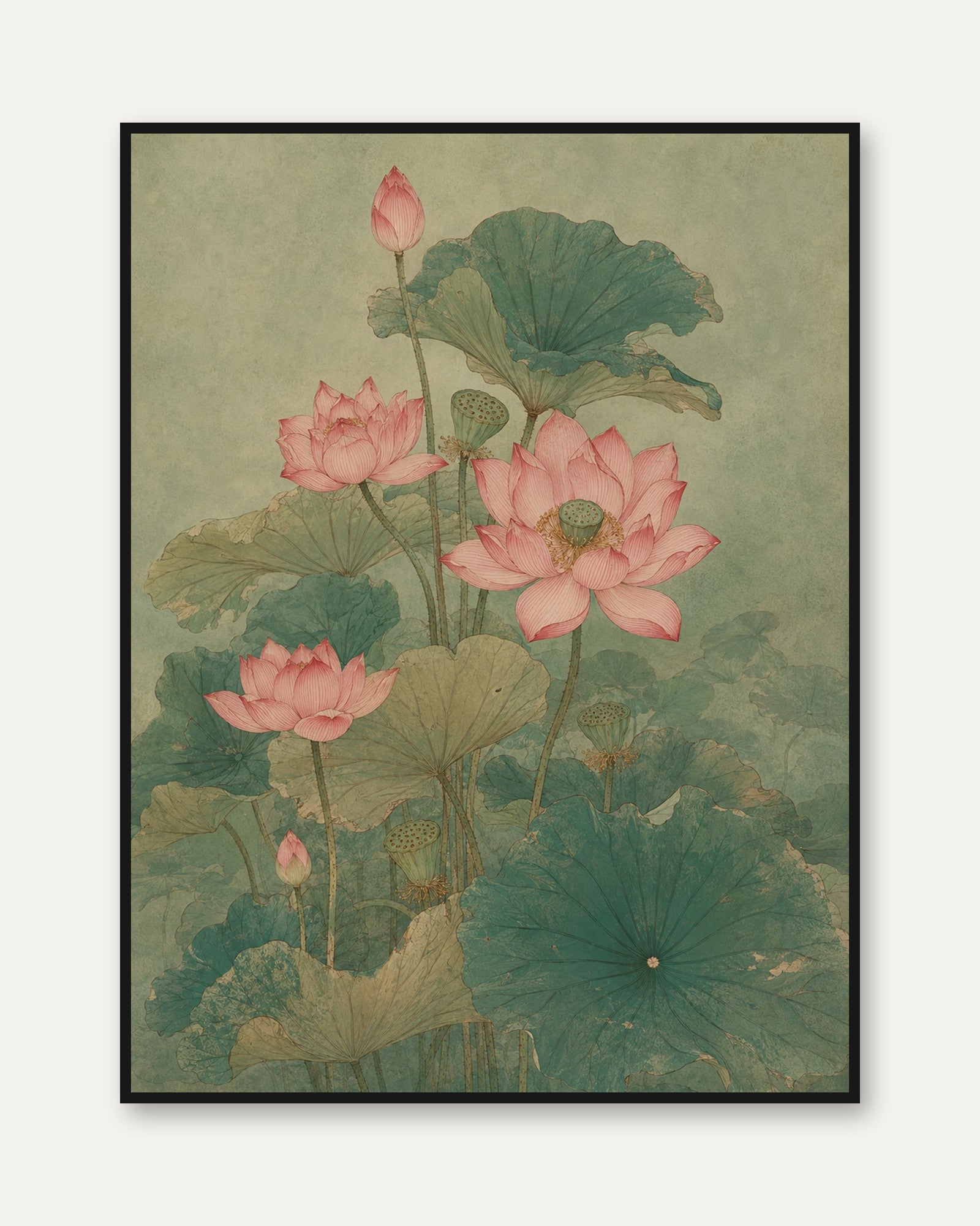 Lotus Flower Botanical Print — Vintage Asian Watercolor - framed