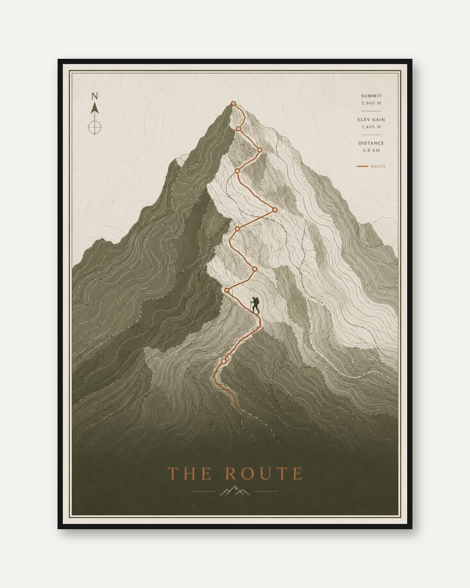 Mountain Hiking Poster – Topographic Map Print - framed