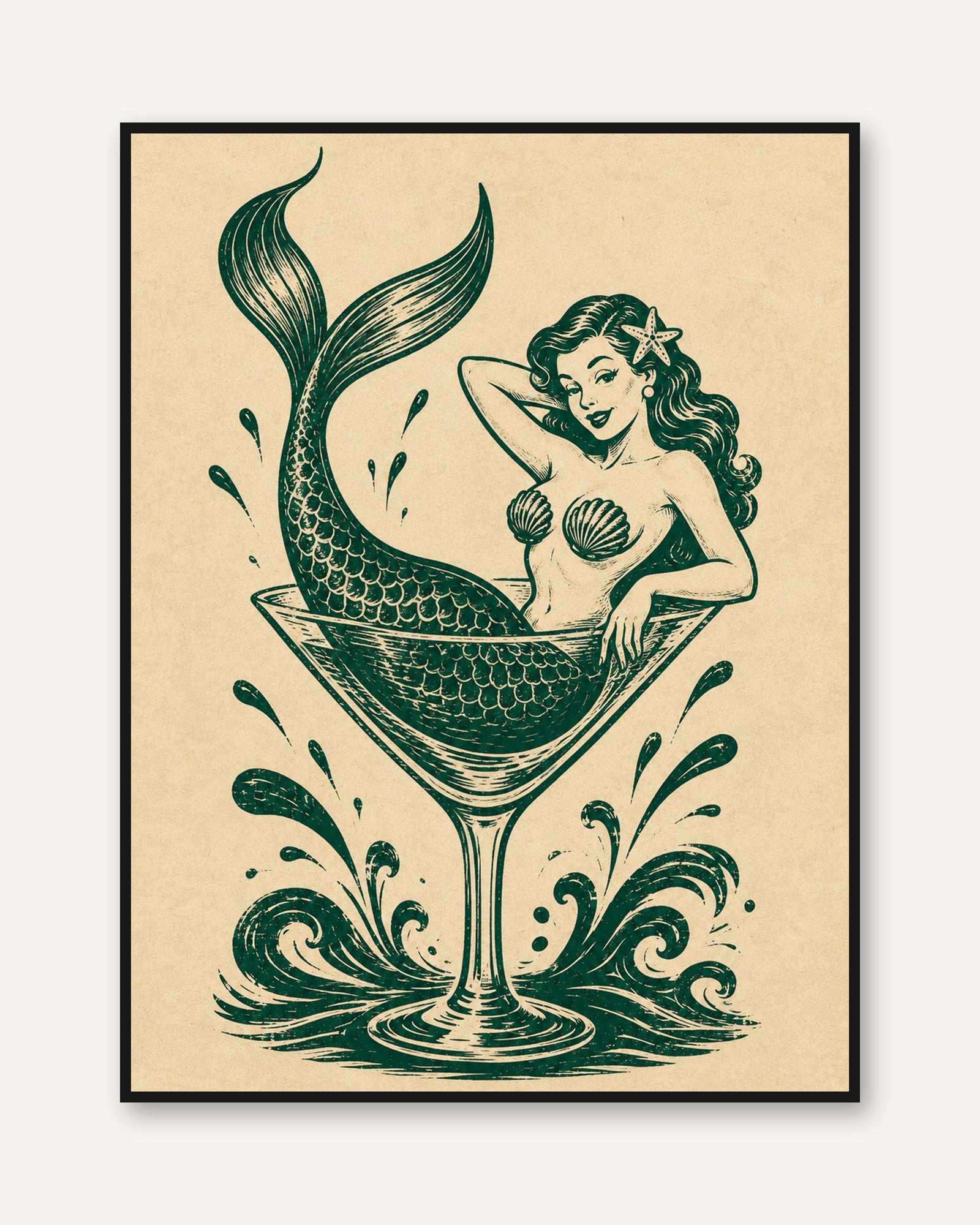 Vintage Mermaid Martini Glass Print: Retro Nautical Wall Art - framed