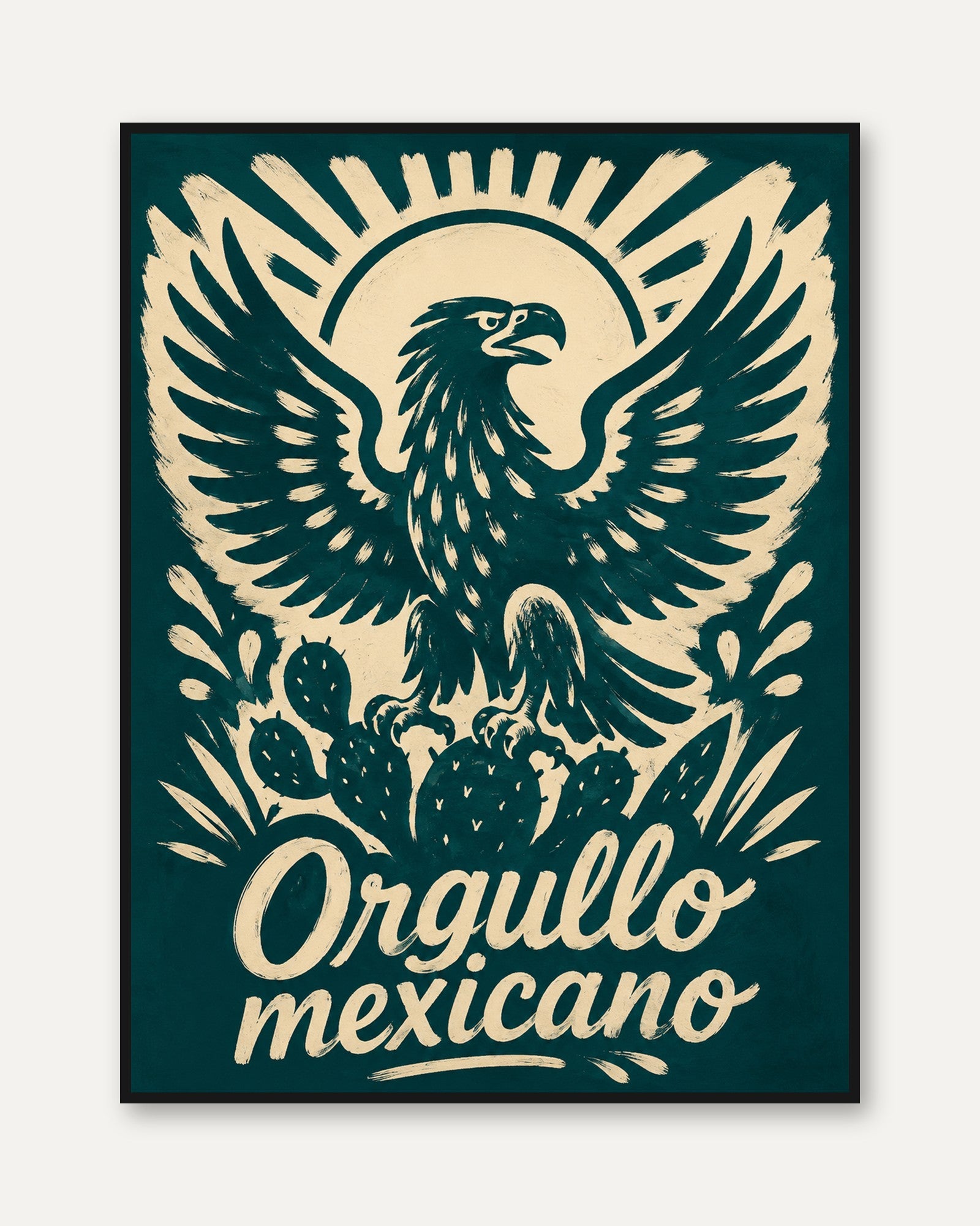 Mexican Eagle Print: Vintage Folk Art Poster with Cactus Design - framed