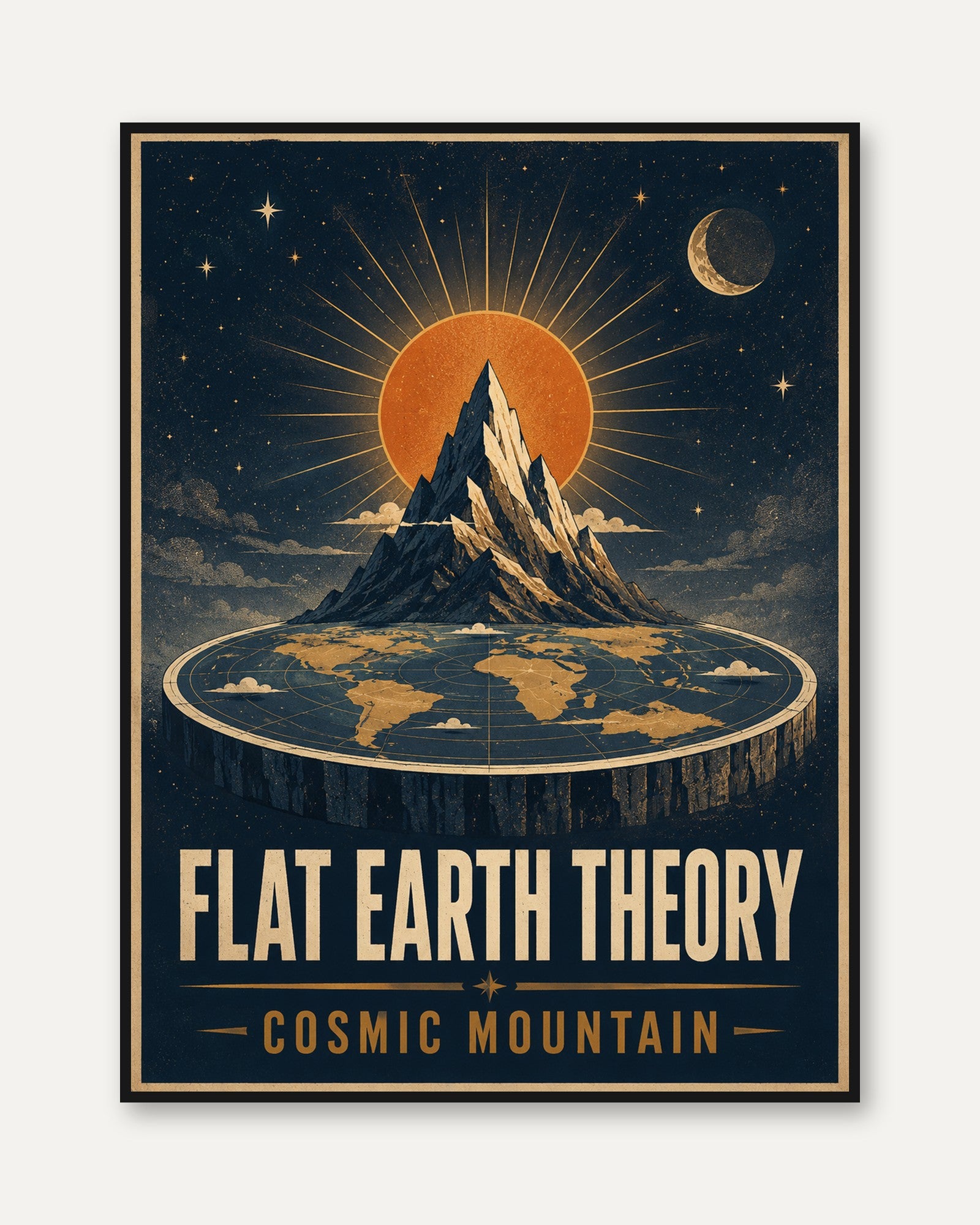 Flat Earth Wall Art: Retro Cosmic Mountain - framed