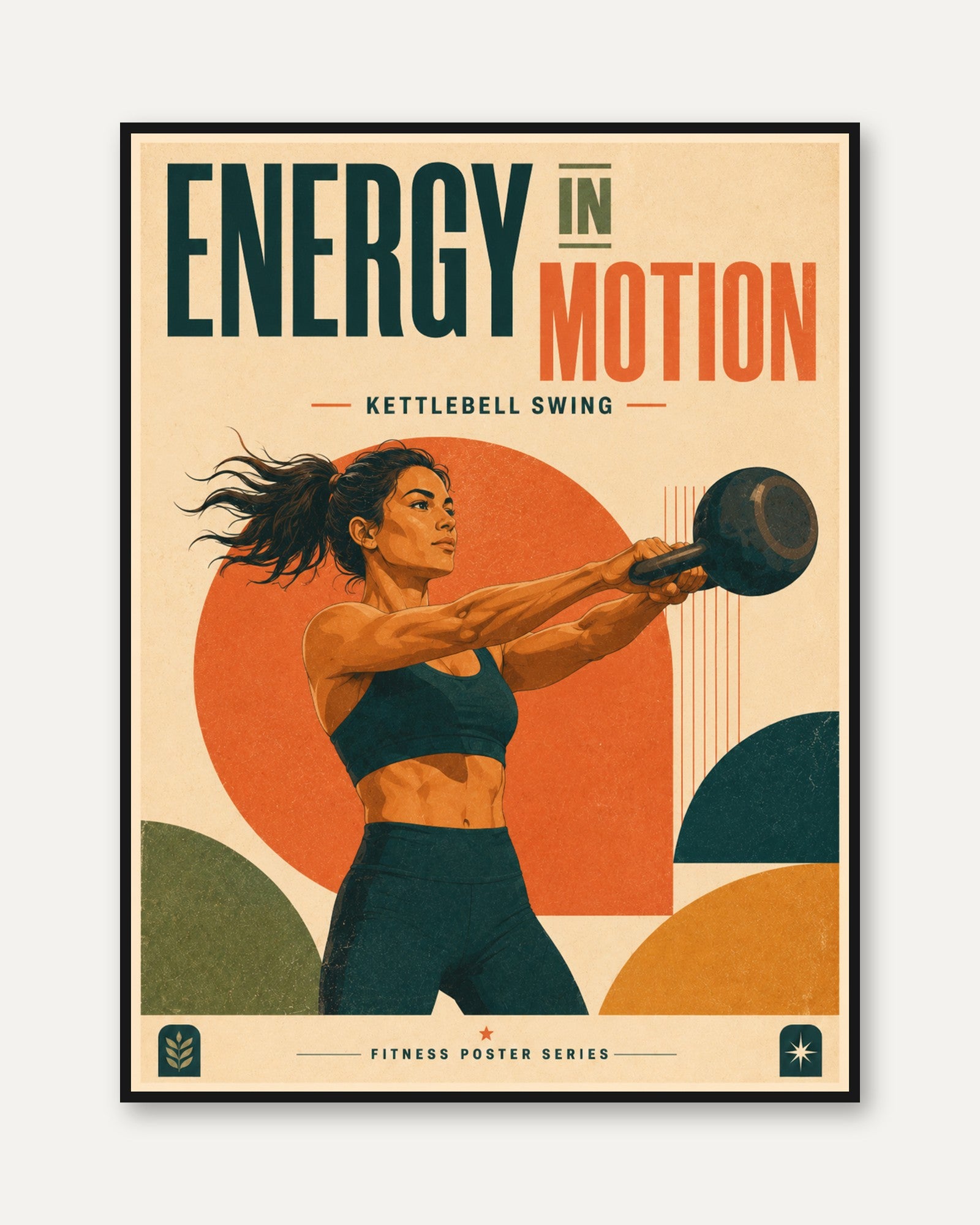 Energy In Motion Kettlebell Poster: Retro Fitness Wall Art - framed