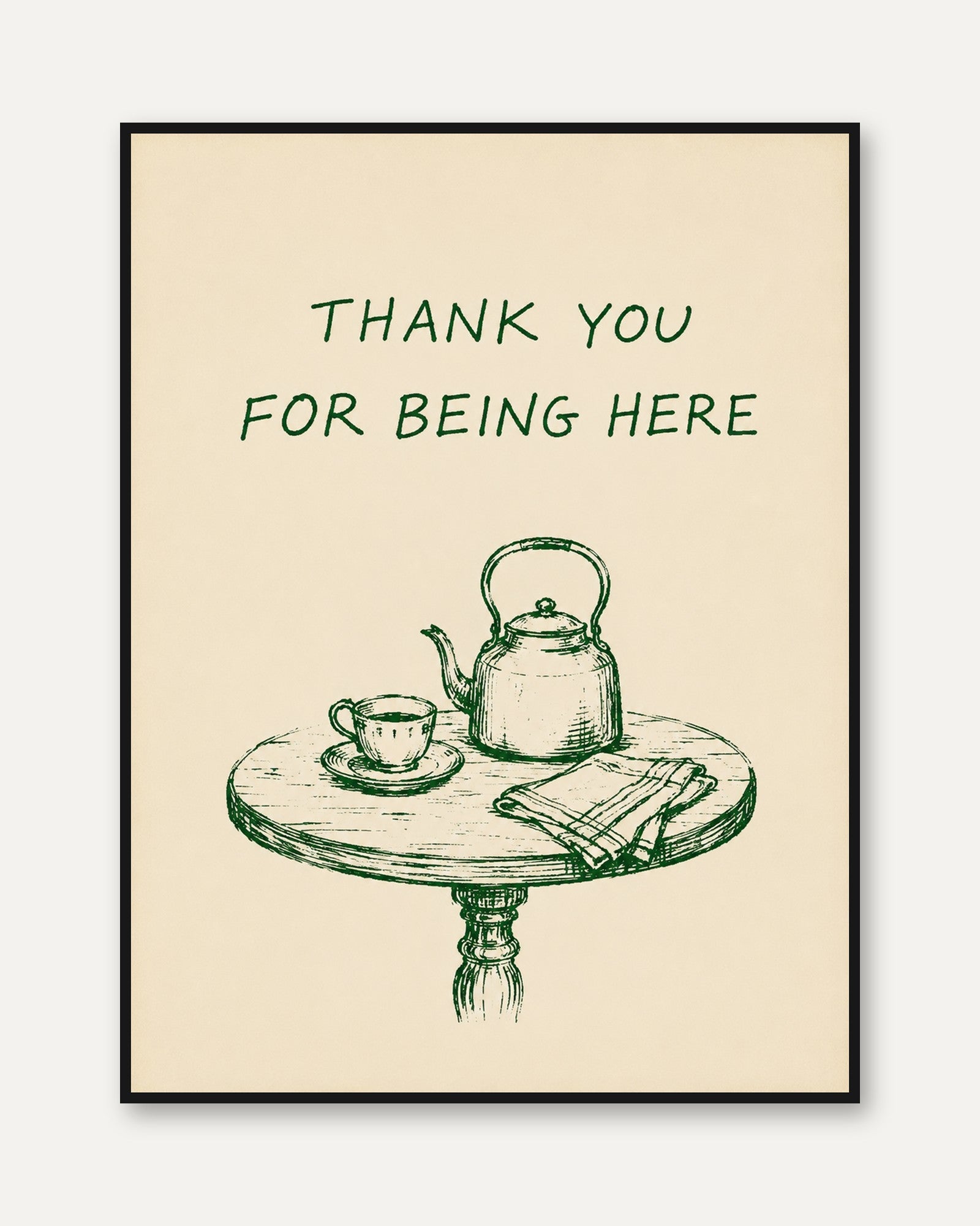 Thank You Tea Set Print: Vintage Green Line Art on Cream - framed