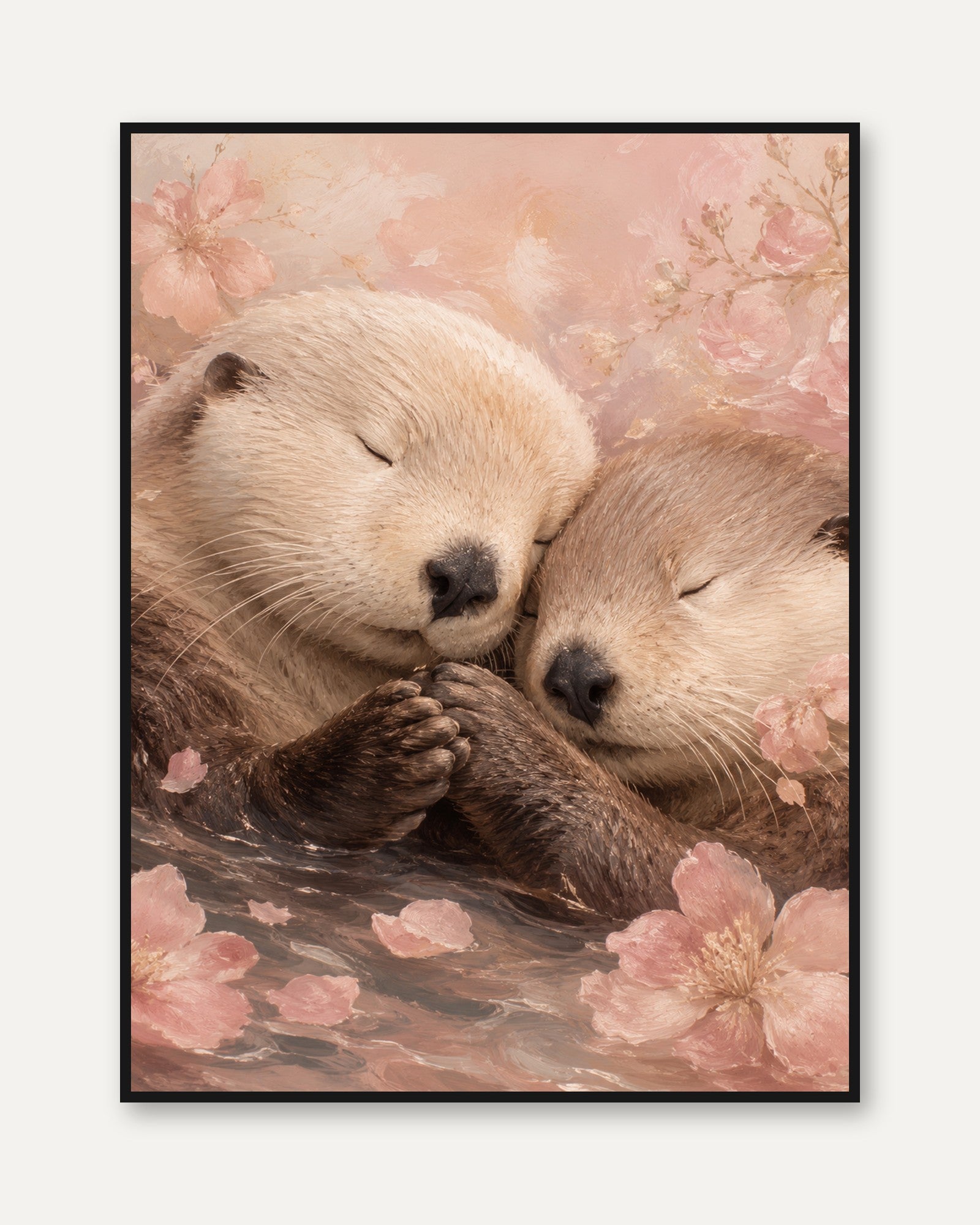Otter Art Print — Soft Watercolor with Cherry Blossoms - framed