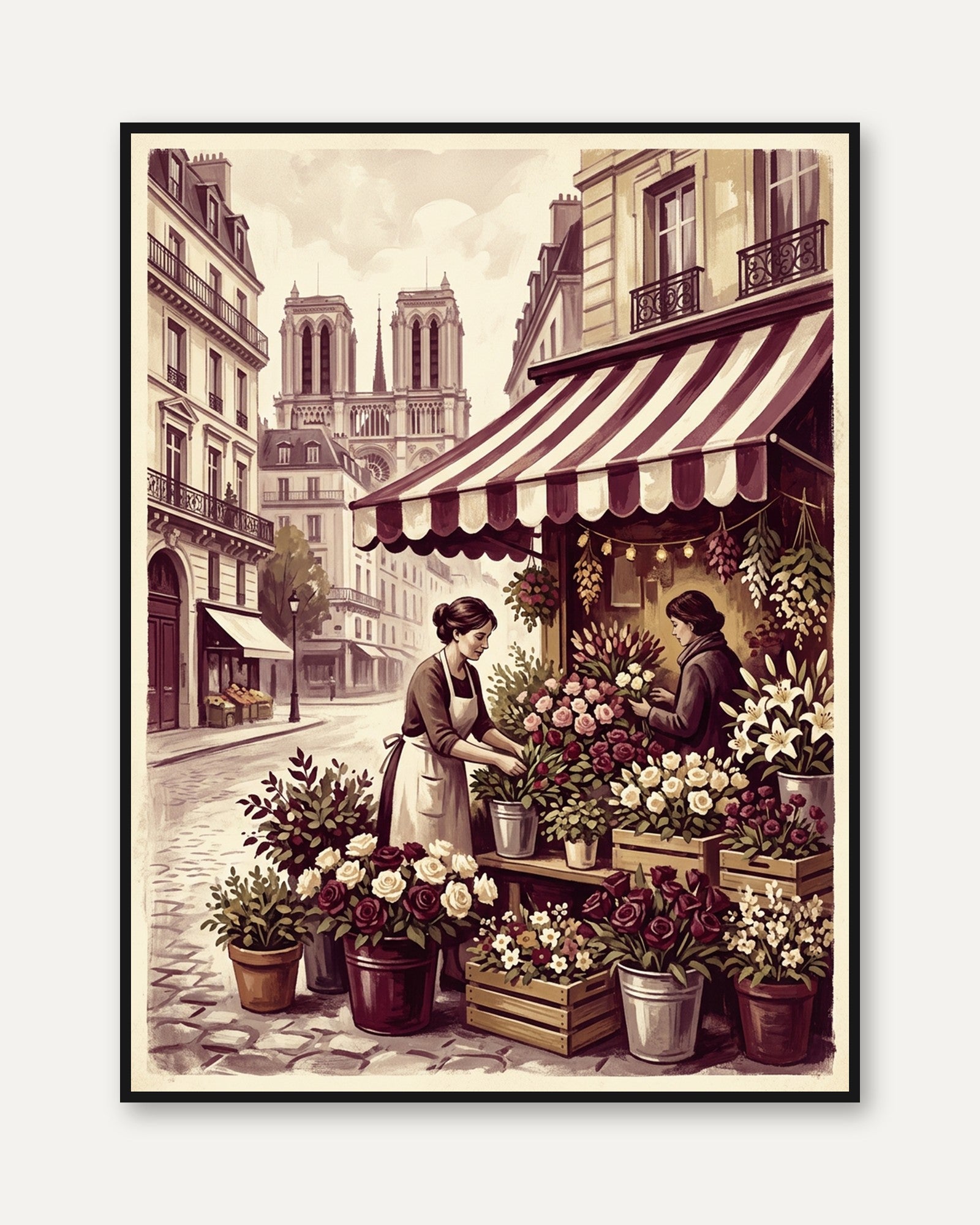 Parisian Flower Market Art Print: Vintage Paris Street Scene - framed