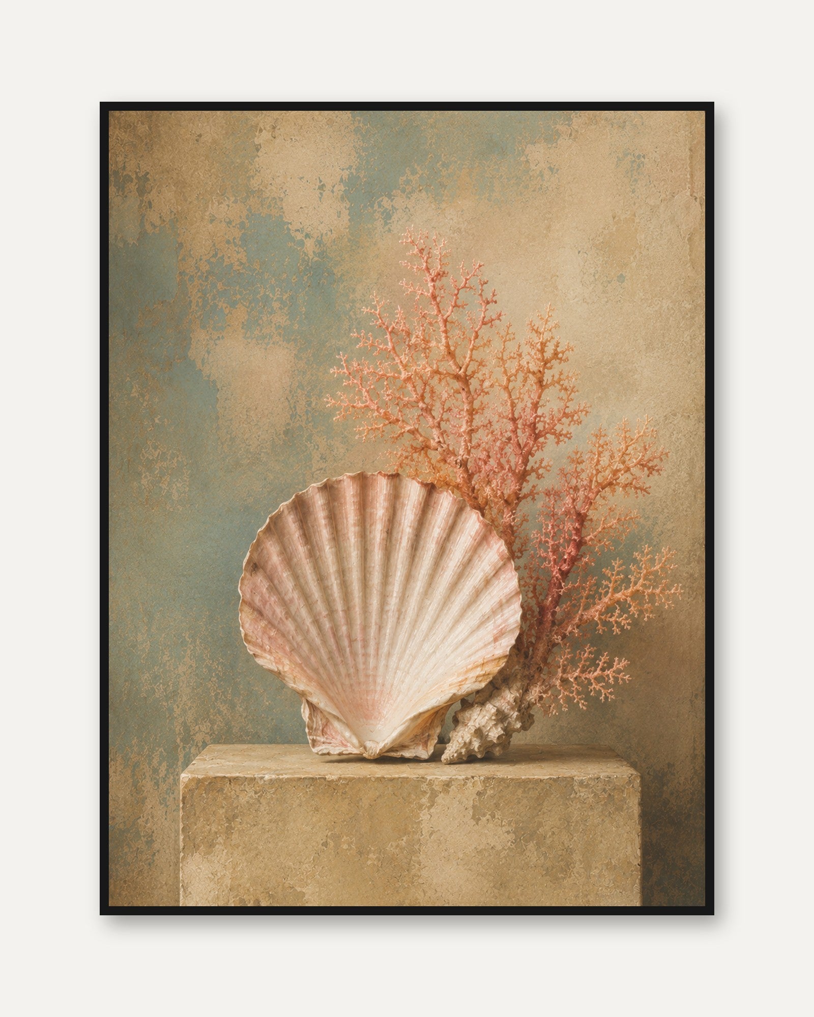 Scallop Shell and Coral Wall Art: Coastal Still Life Print - framed