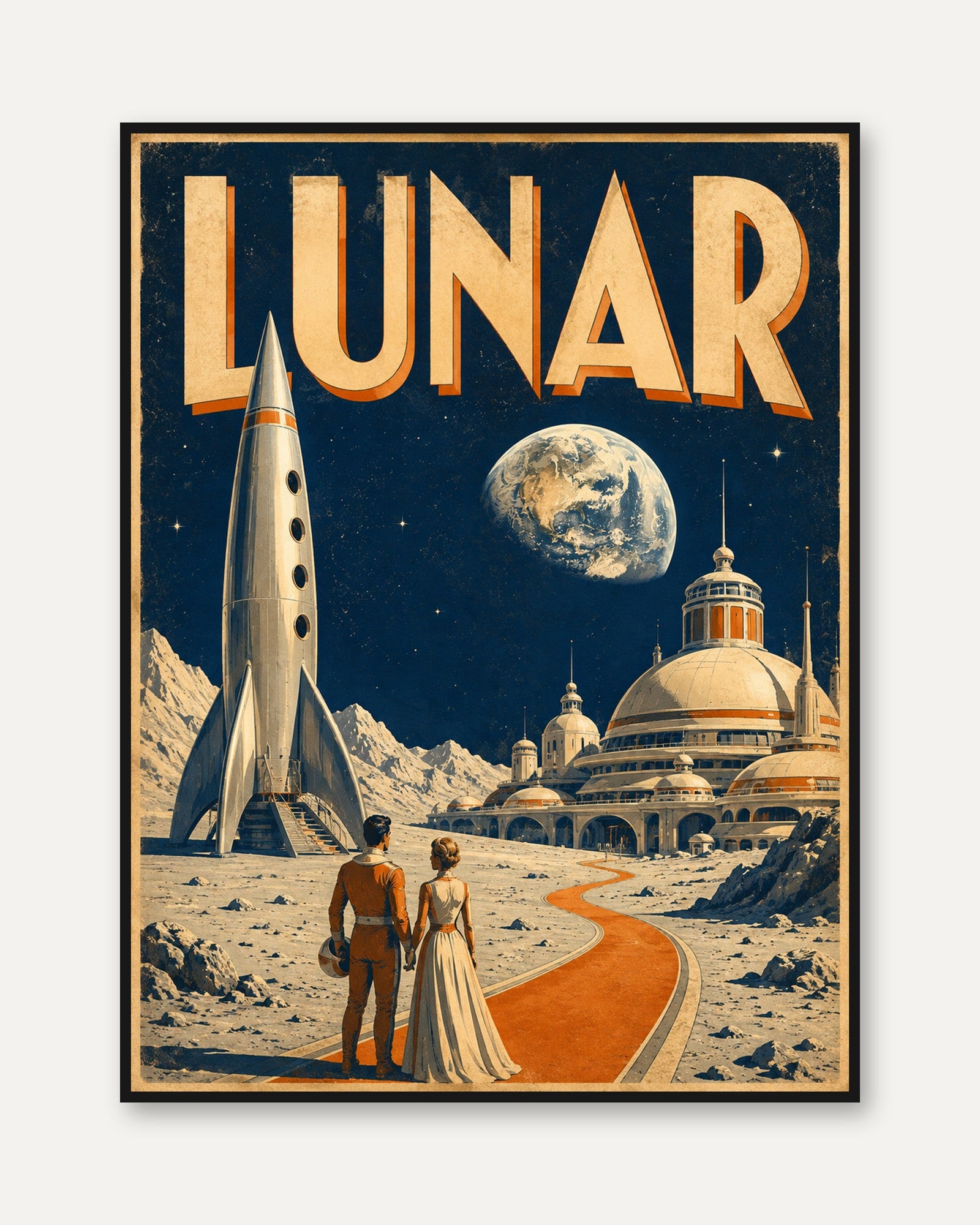 Vintage Space Poster – Retro Lunar Travel Print - framed