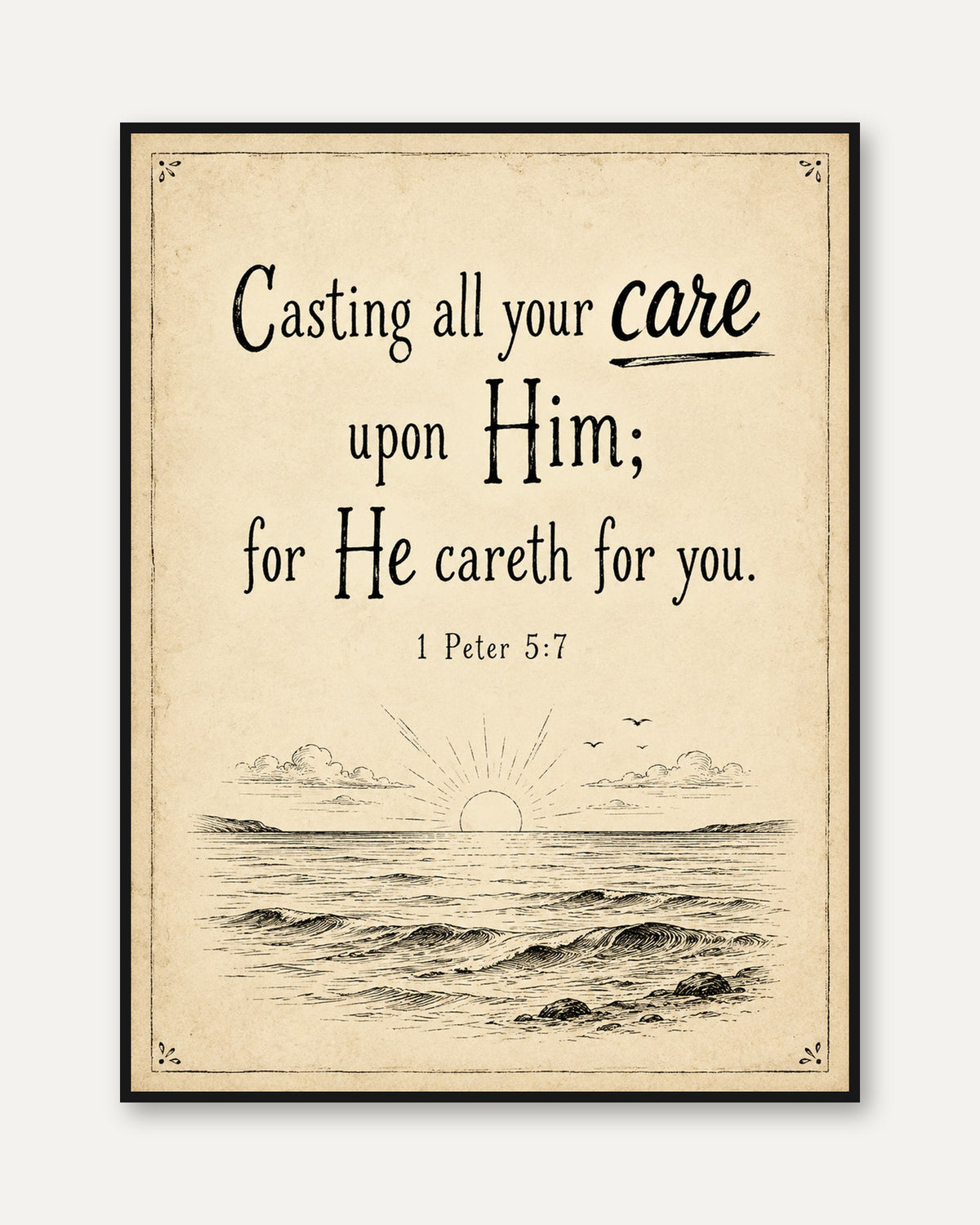 Bible Verse Ocean Sunrise Print: Vintage Inspirational Wall Art - framed