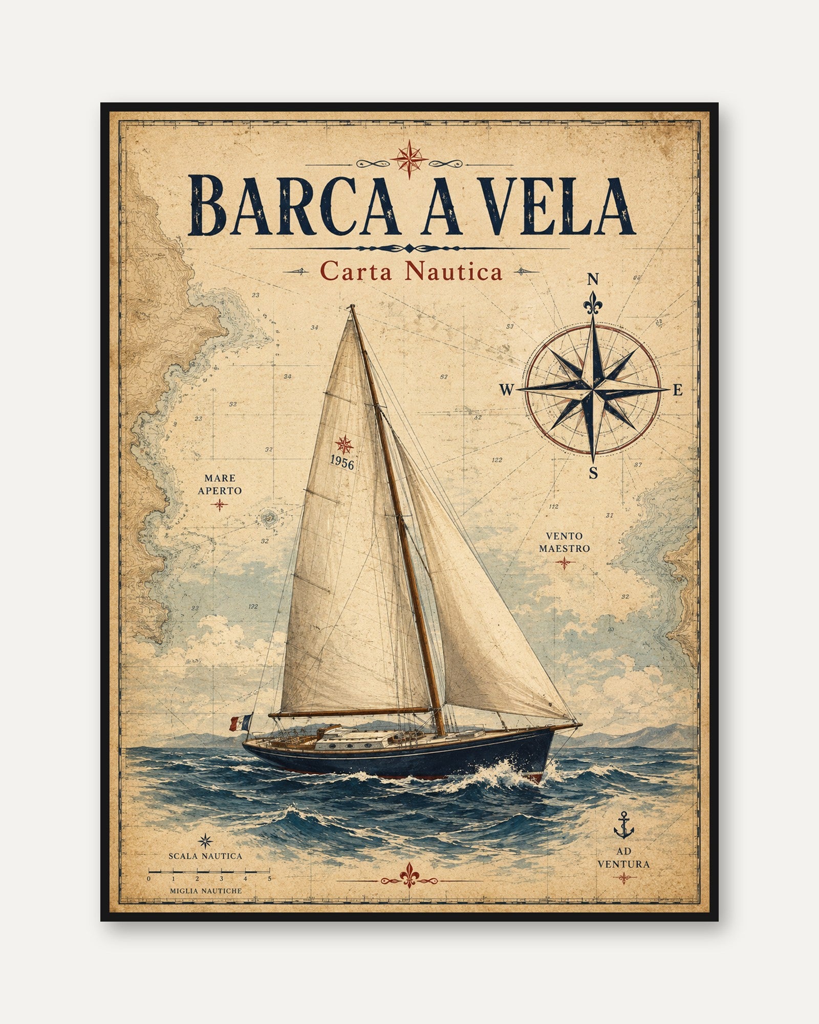 Vintage Nautical Chart Sailboat Print: Aged Maritime Map Art - framed