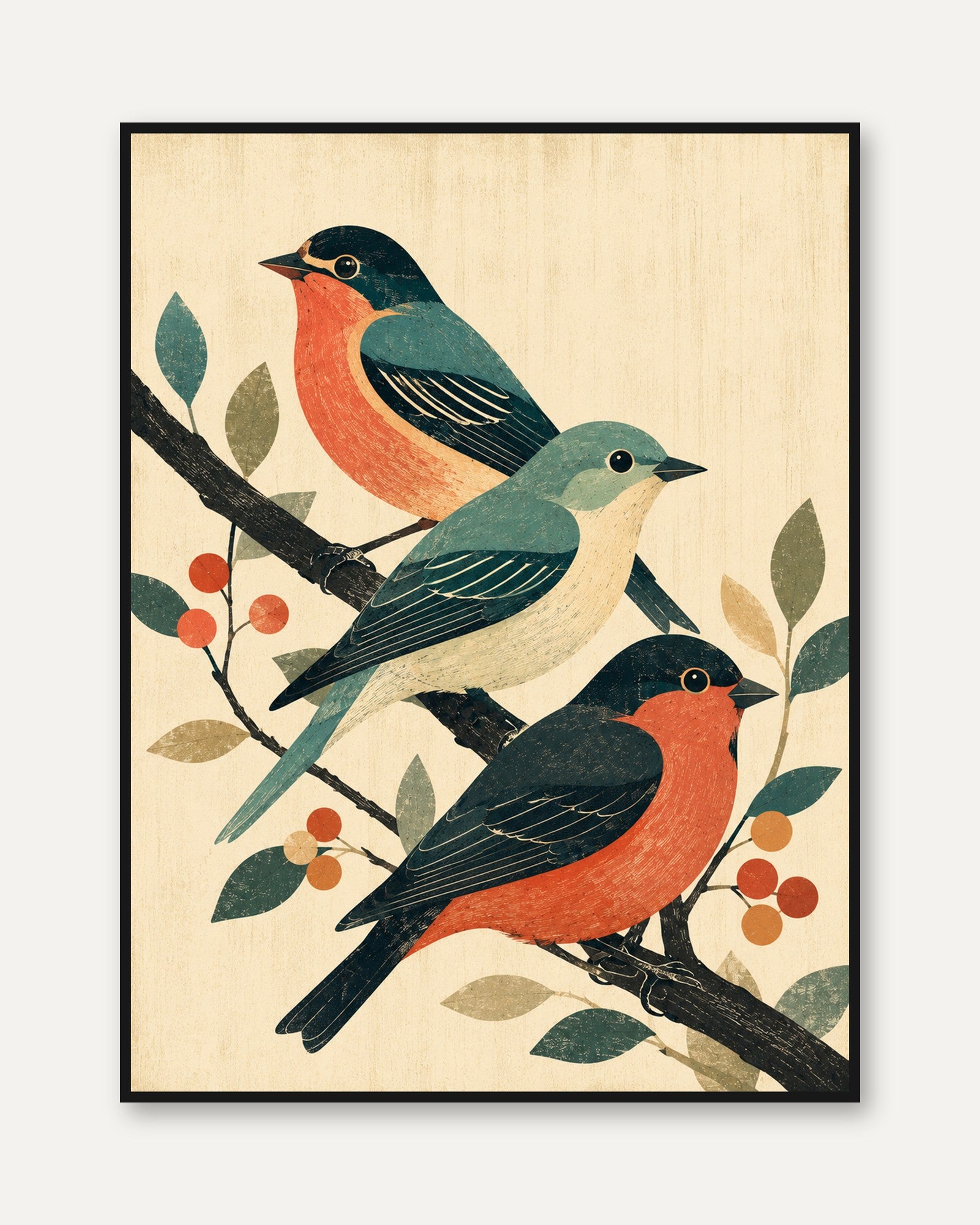 Vintage Songbirds Art Print: Mid-Century Modern Bird Illustration - framed