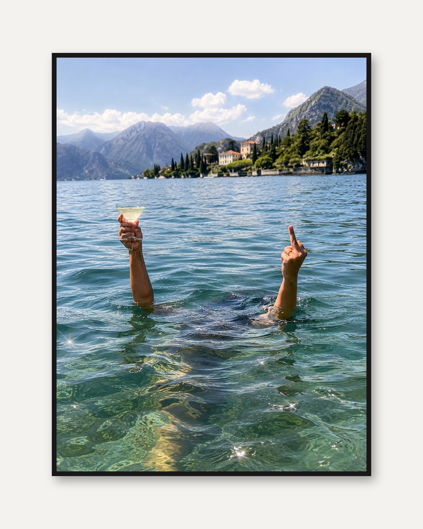 Italian Lake Swimming Wall Art: Humorous Alpine Water Scene - framed