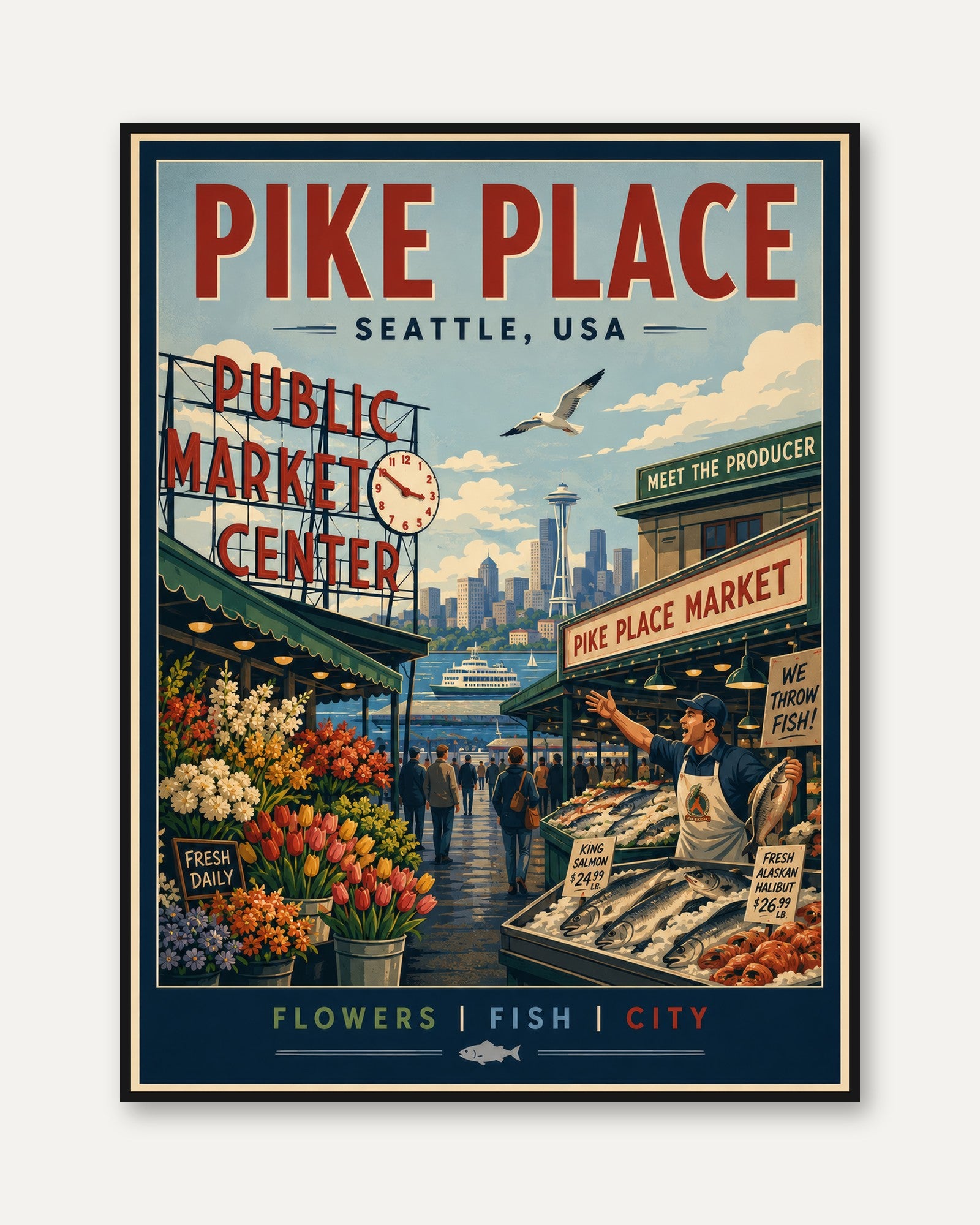 Pike Place Market Poster — Vintage Seattle Travel Print - framed