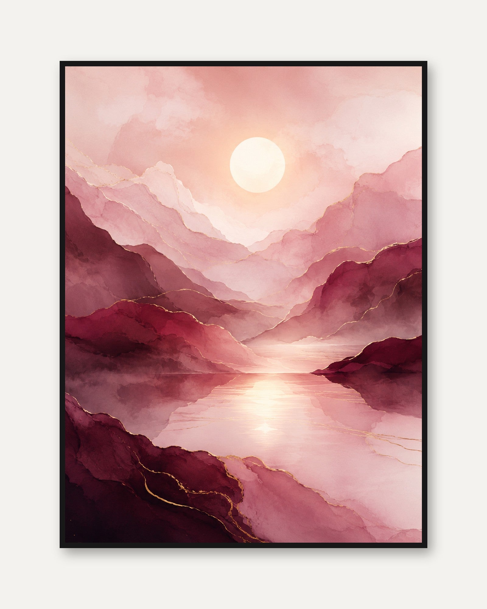 Pink Landscape Wall Art – Abstract Mountain Print - framed