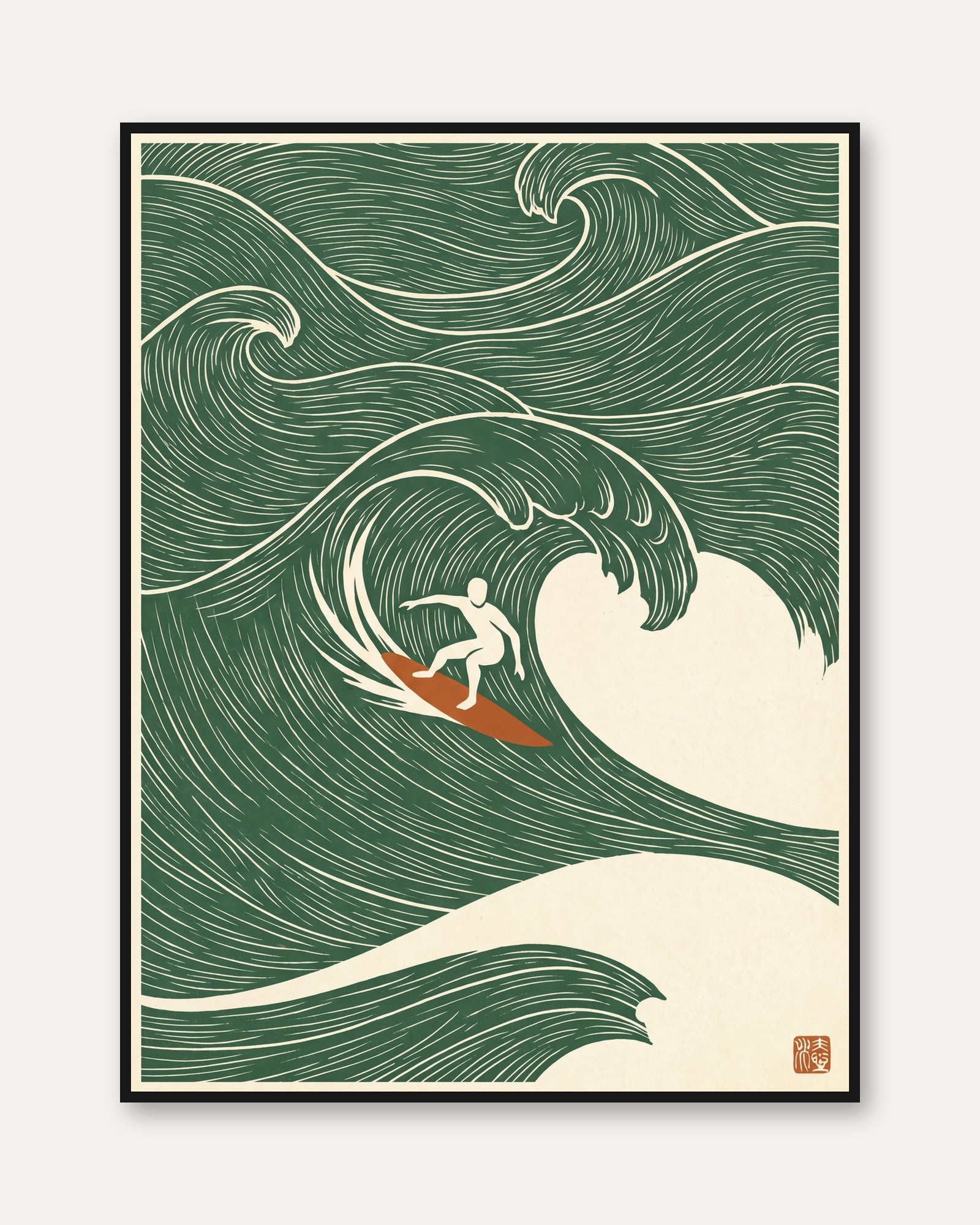 Japanese Wave Surfer Print: Minimalist Green Ocean Art - framed