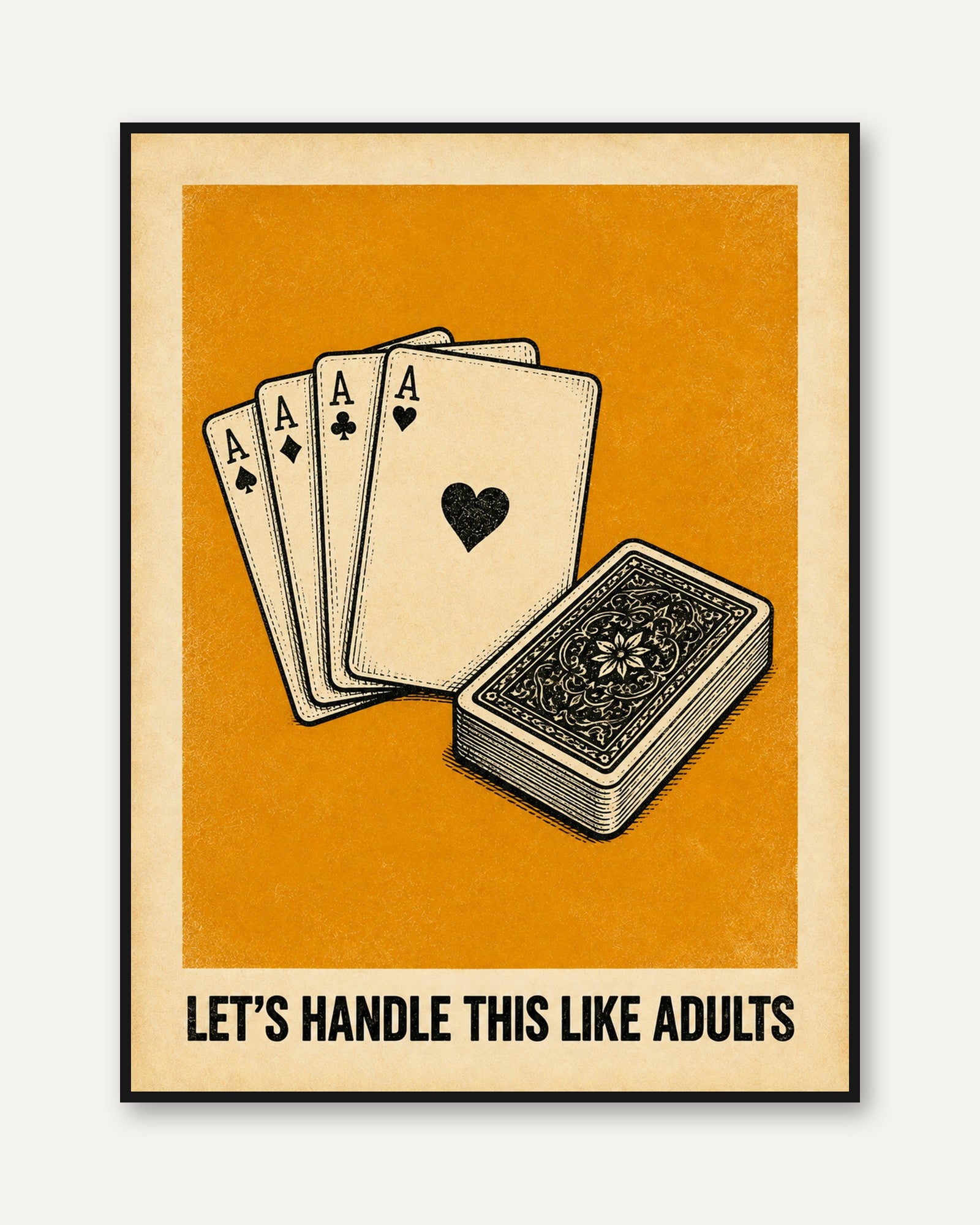 Vintage Poker Aces Playing Cards: Retro Orange Wall Art - framed