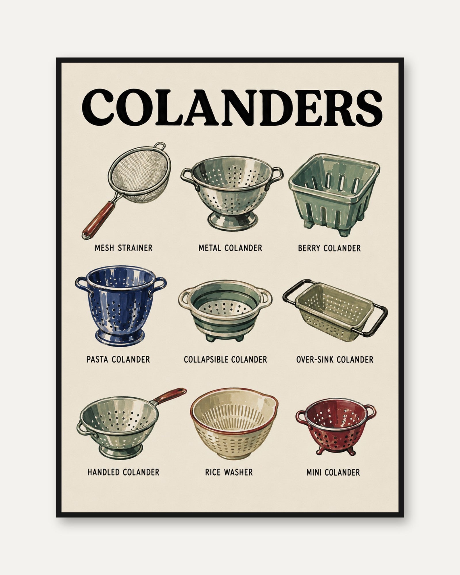 Vintage Colanders Kitchen Art Print: Retro Culinary Guide - framed