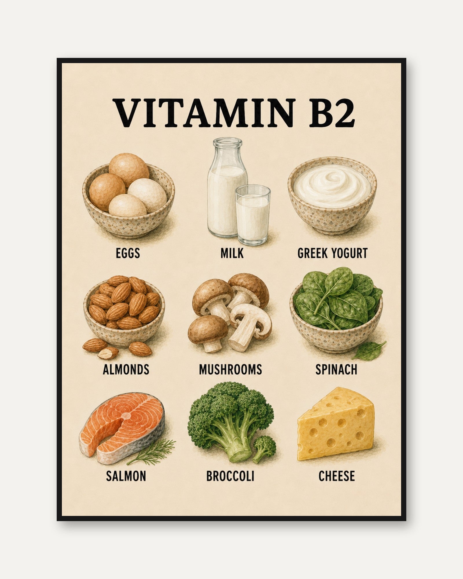 Vitamin B2 Foods Poster – Kitchen Wall Art - framed