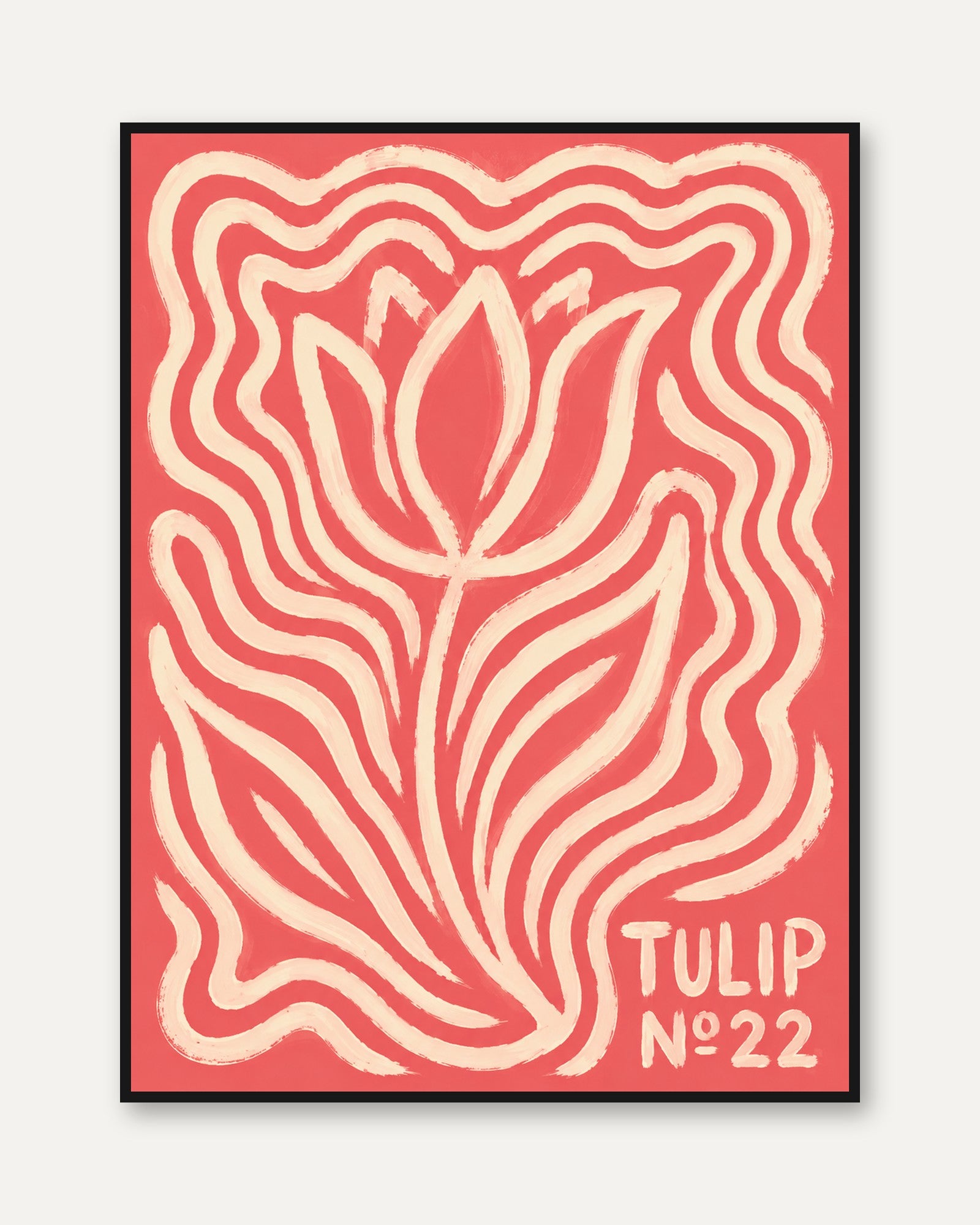 Retro Tulip Poster: Coral and Cream Psychedelic Flower Art - framed
