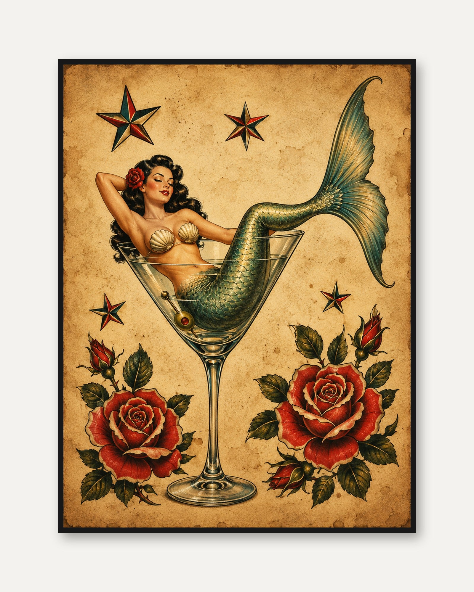 Vintage Mermaid Martini Print: Retro Tattoo Style Pin-Up Art - framed