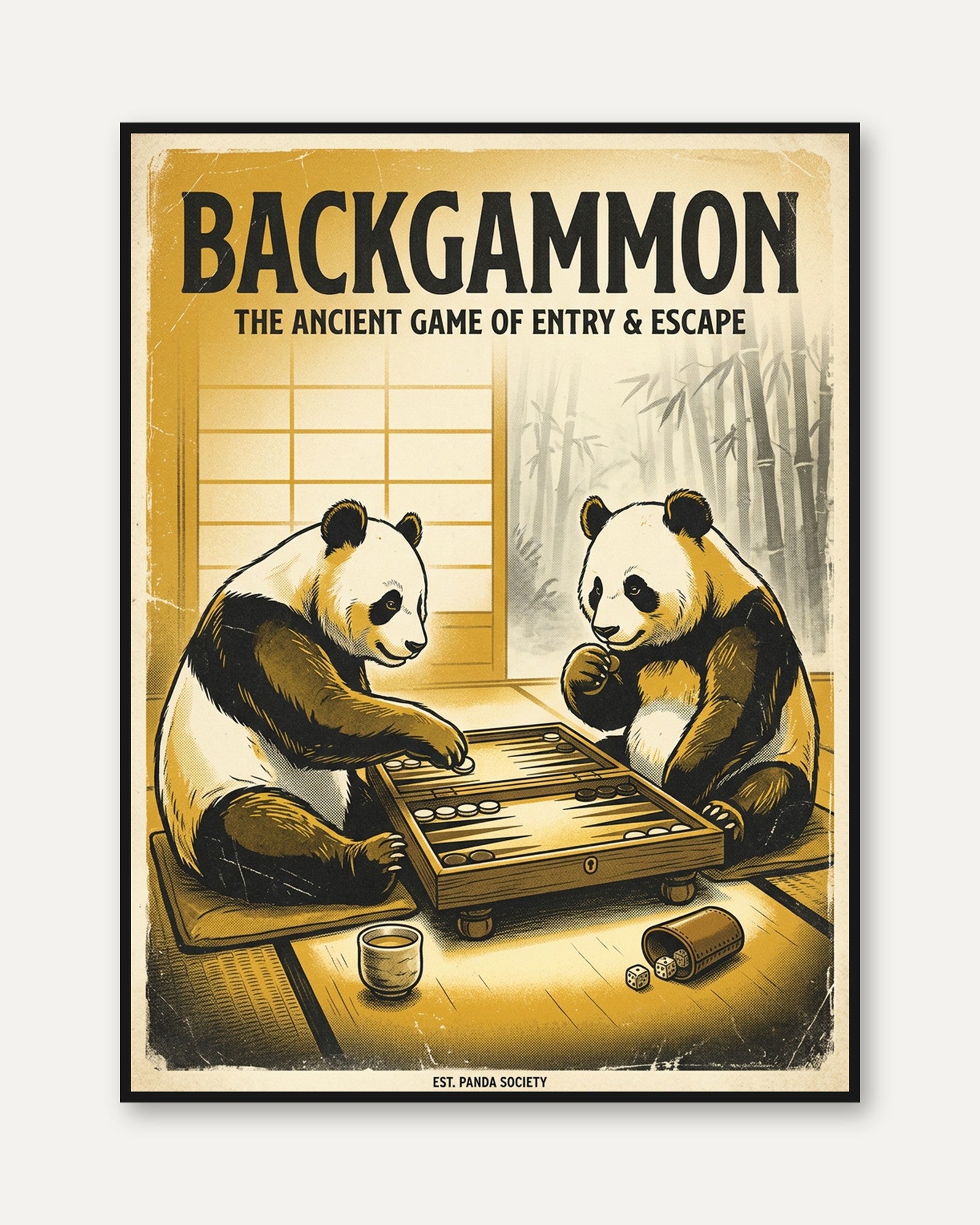 Backgammon Panda Print — Vintage Japanese Style Game Room Art - framed