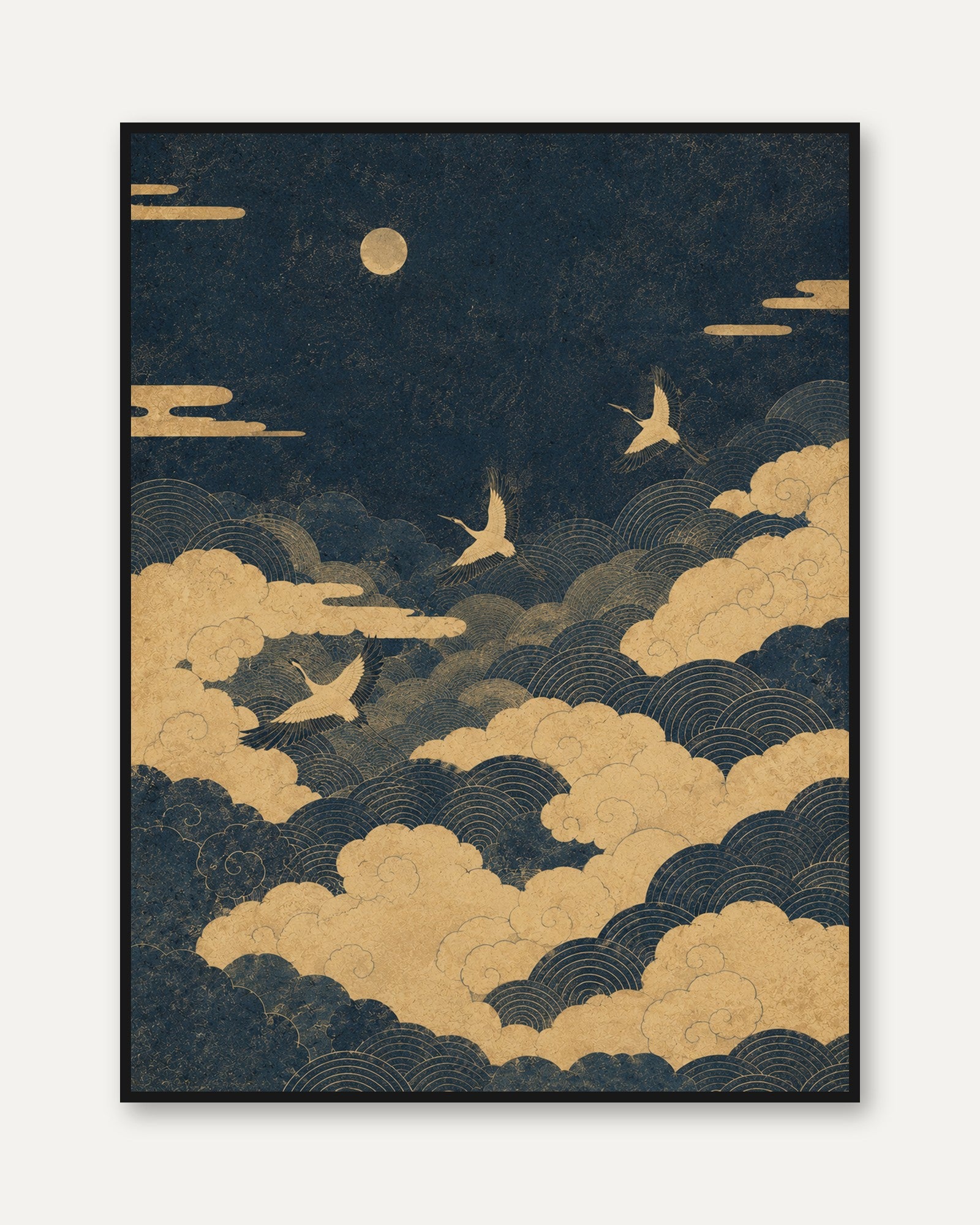 Crane Art Print: Japanese Inspired Wall Decor (Gold & Navy) - framed
