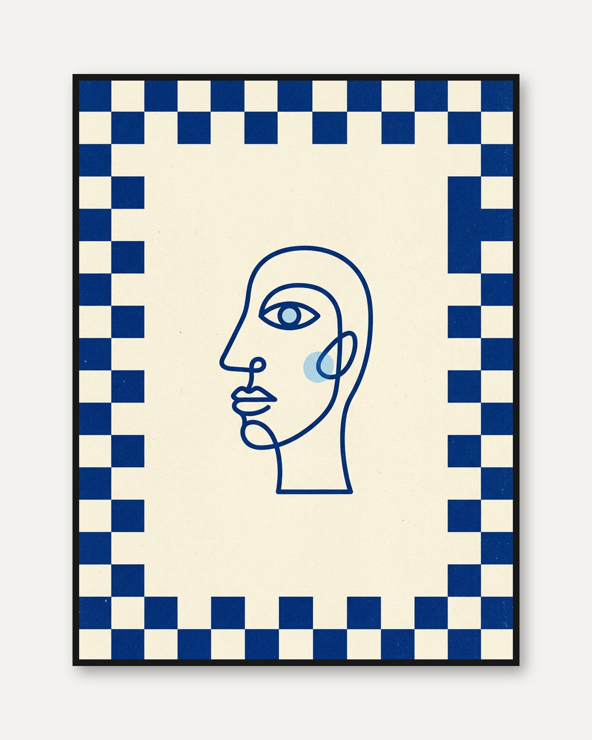 Line Art Face Print: Minimalist Blue and Cream Checkerboard - framed